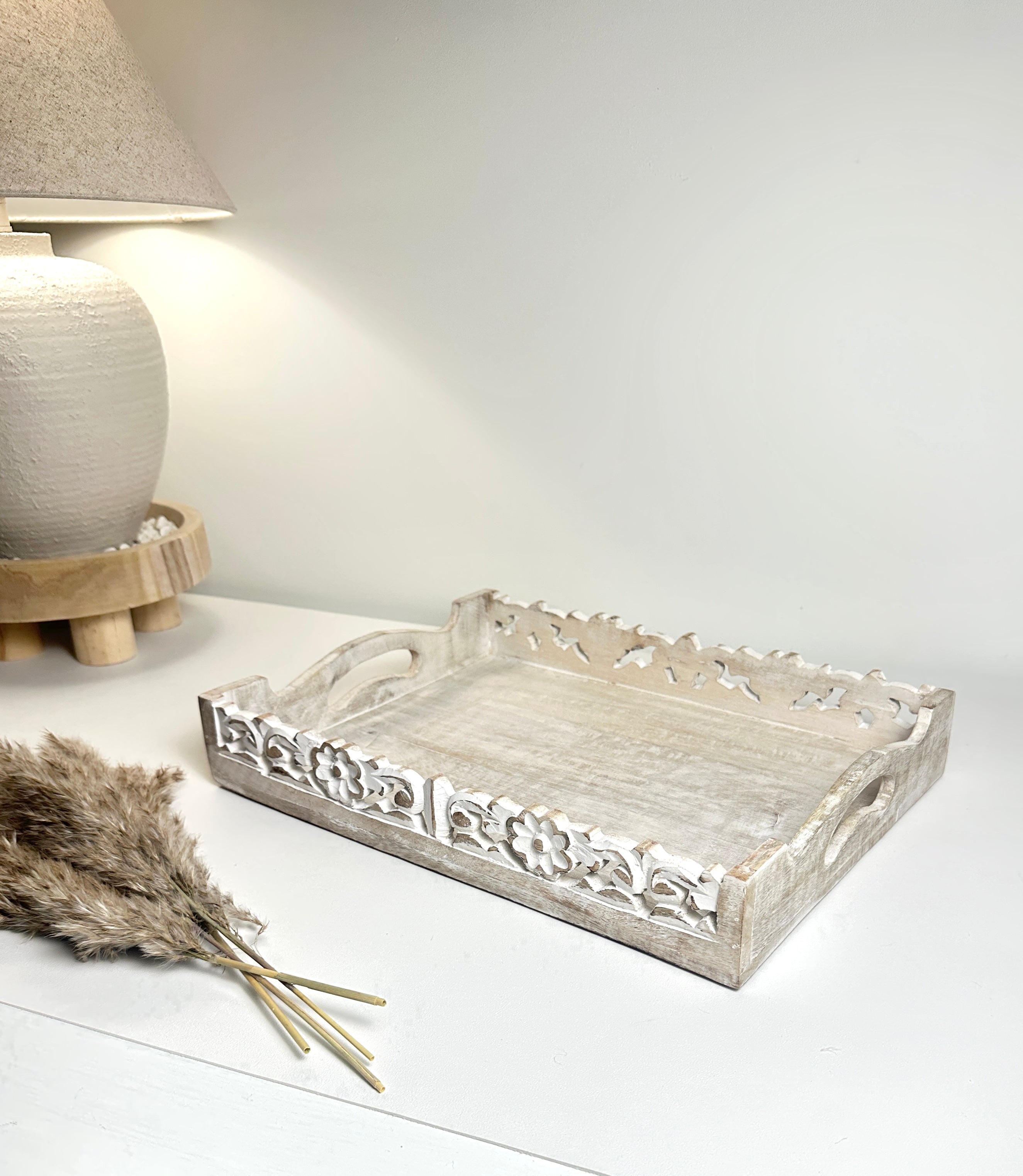 Boho Handmade Decorative Serving Wooden Tray Whitewashed