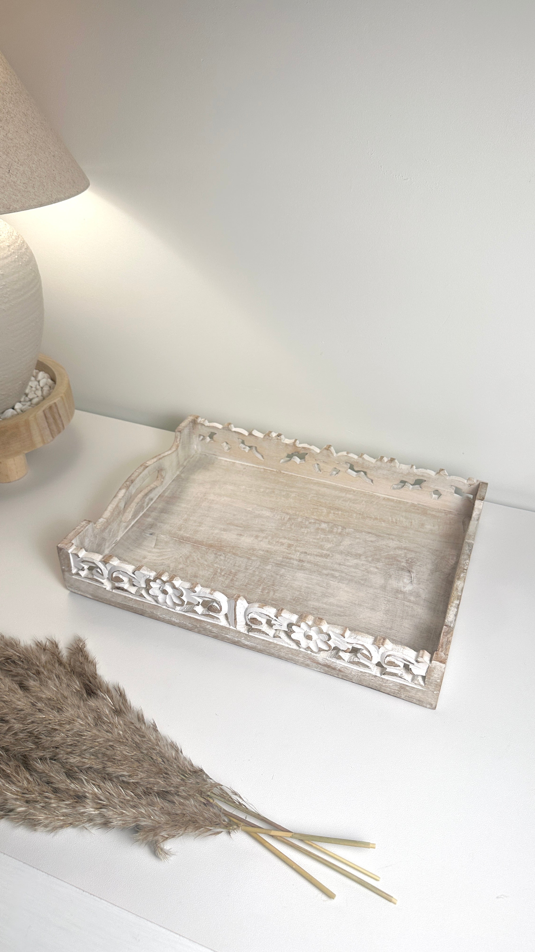 Boho Handmade Decorative Serving Wooden Tray Whitewashed