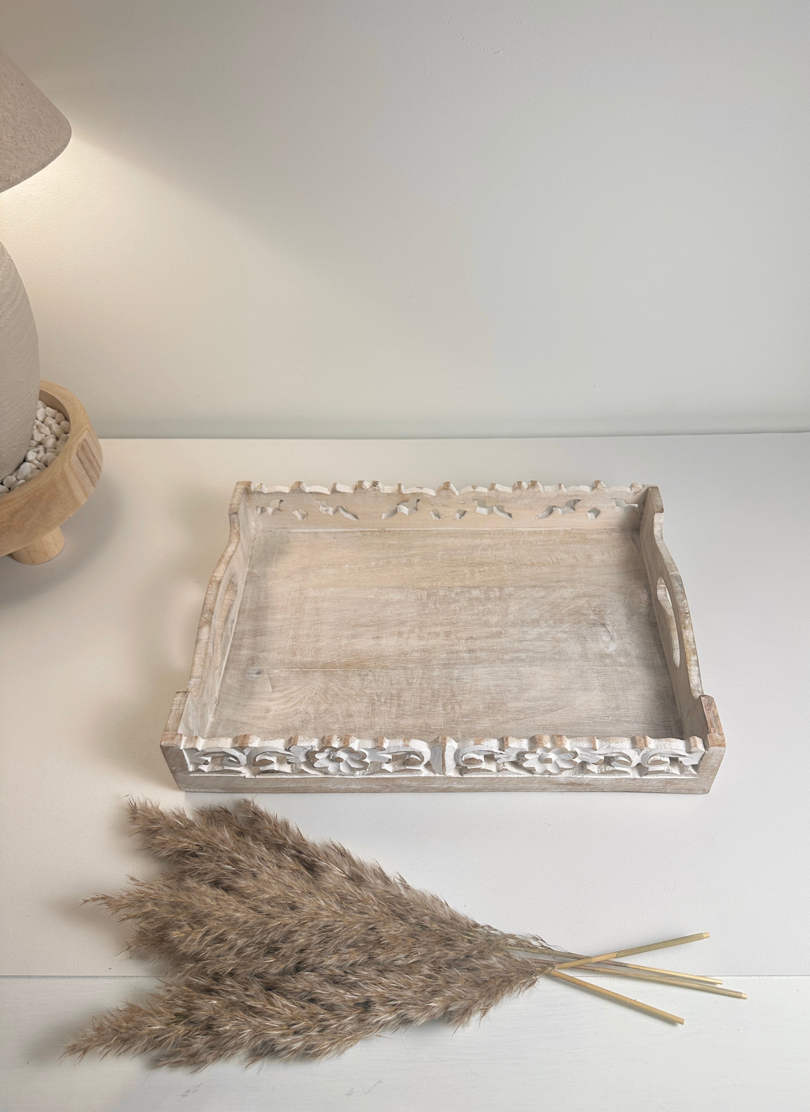 Boho Handmade Decorative Serving Wooden Tray Whitewashed