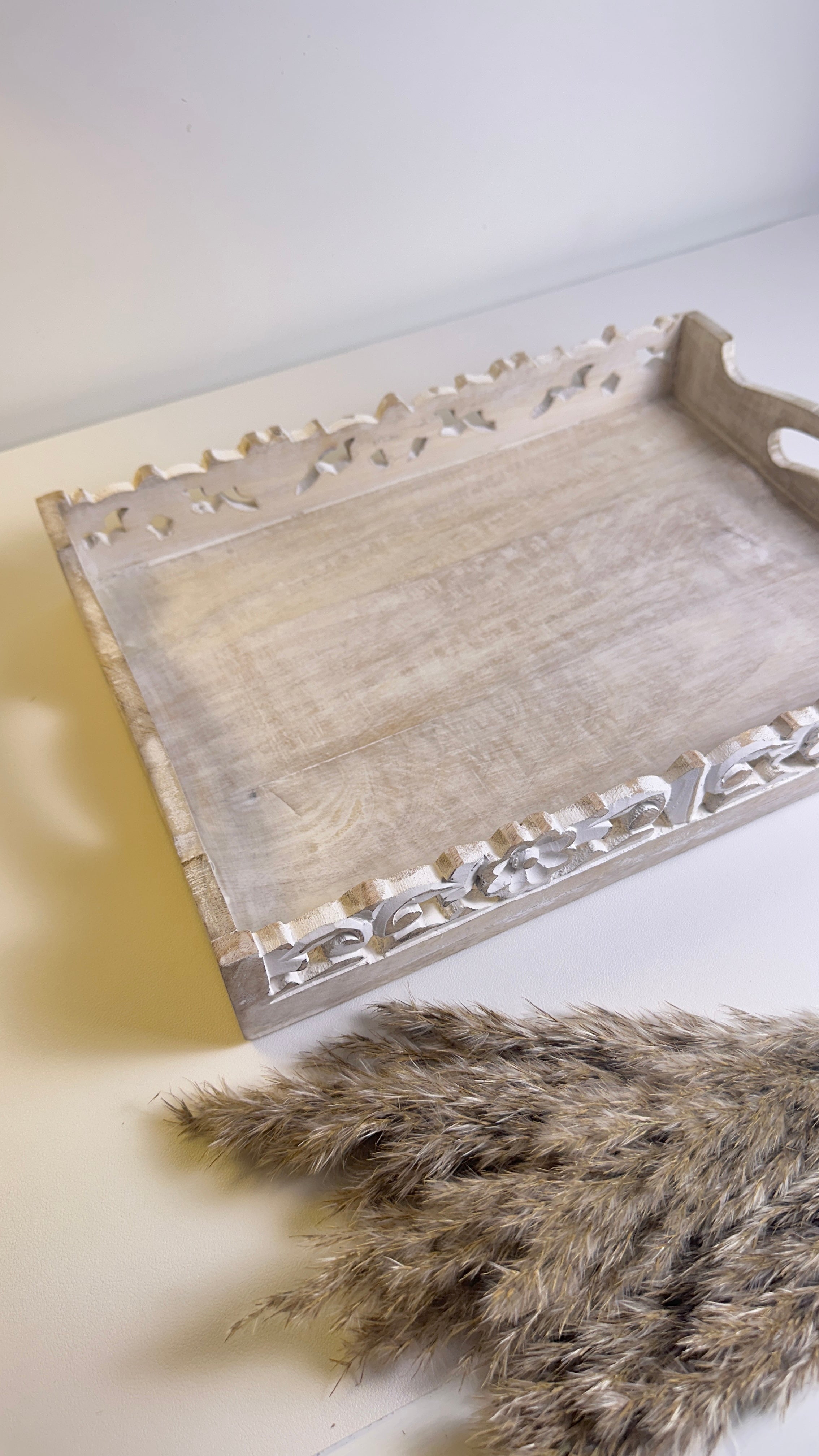 Boho Handmade Decorative Serving Wooden Tray Whitewashed