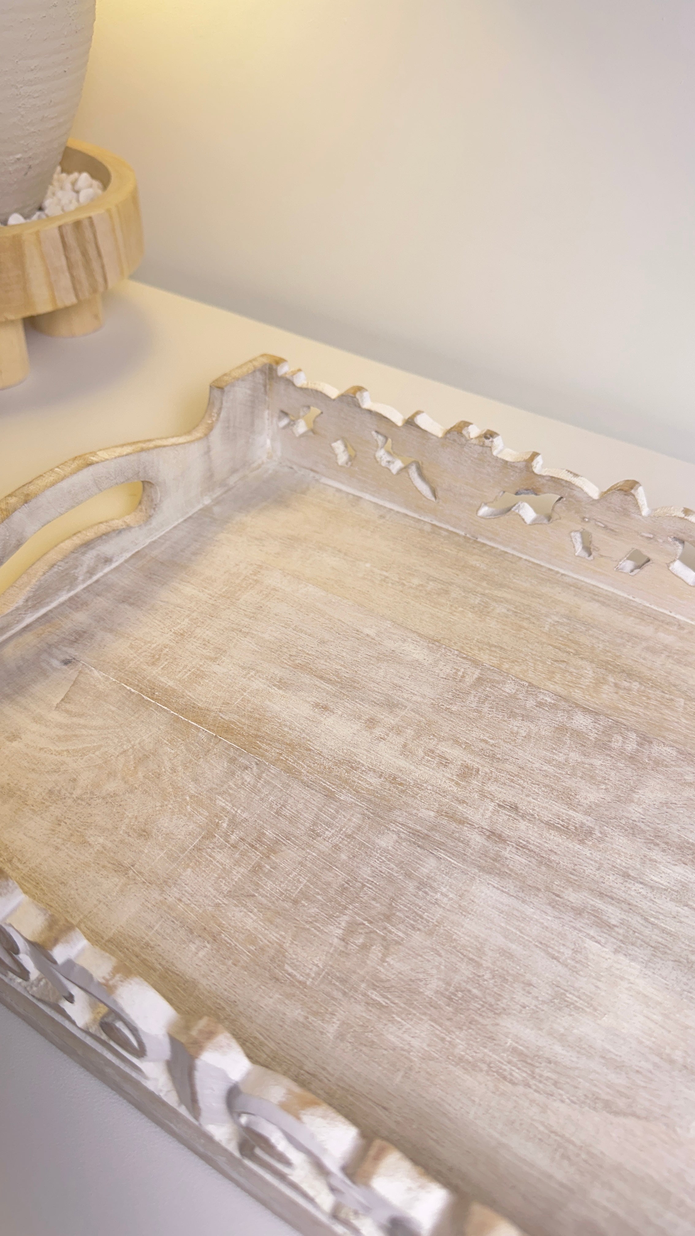 Boho Handmade Decorative Serving Wooden Tray Whitewashed