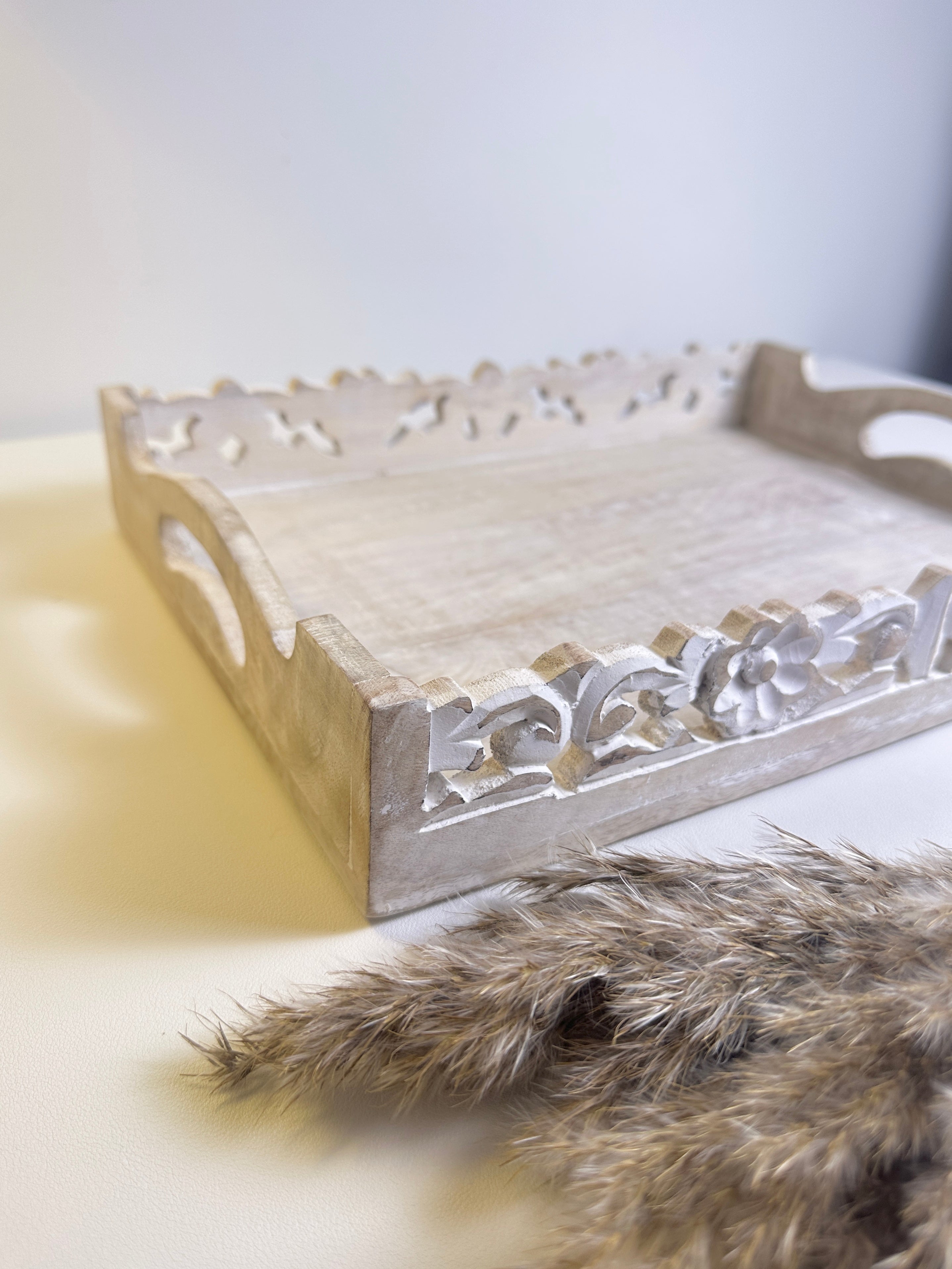 Boho Handmade Decorative Serving Wooden Tray Whitewashed