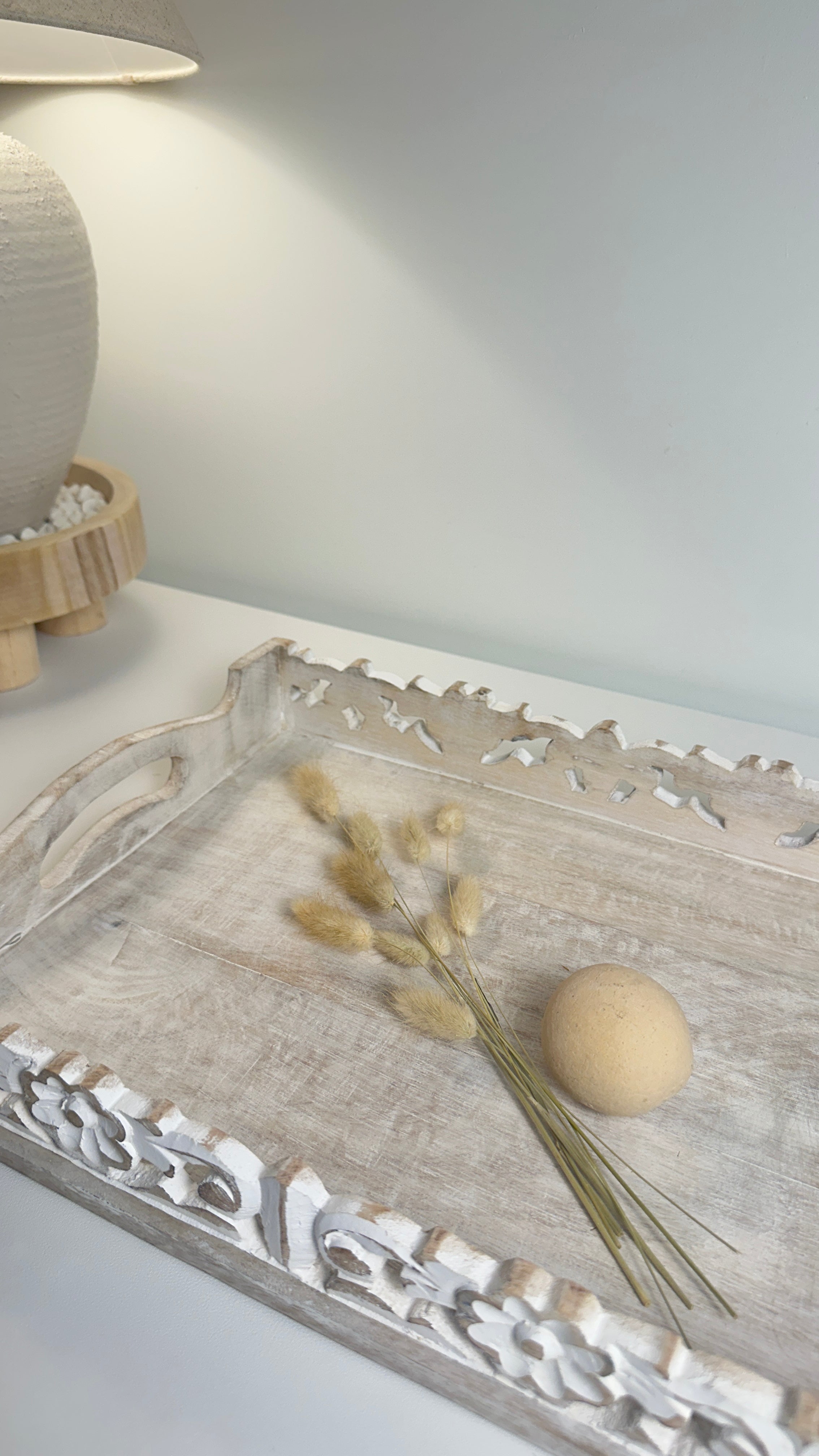Boho Handmade Decorative Serving Wooden Tray Whitewashed