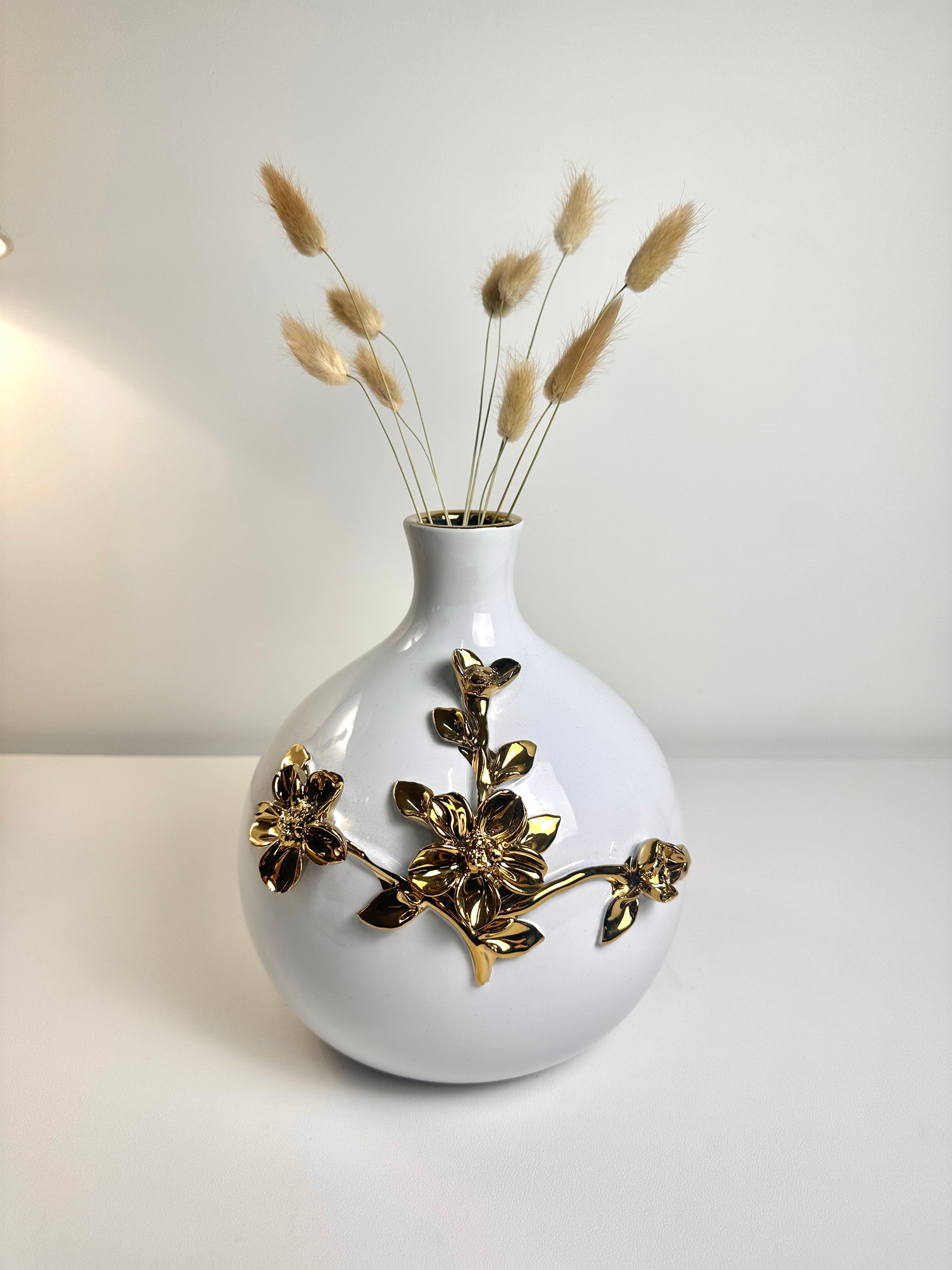 Contemporary Ceramic White Vase with Gold Flower 9"