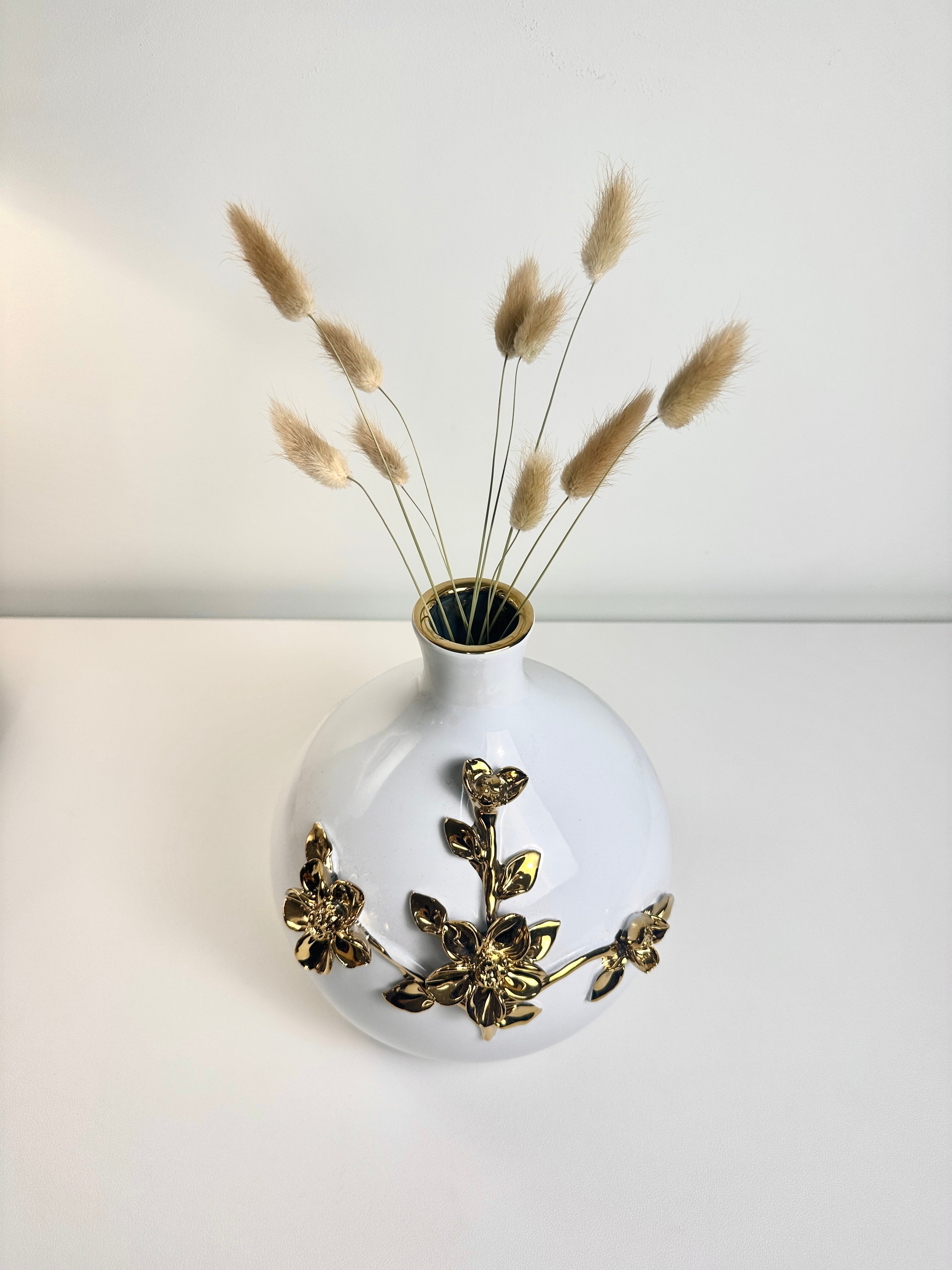 Contemporary Ceramic White Vase with Gold Flower 9"