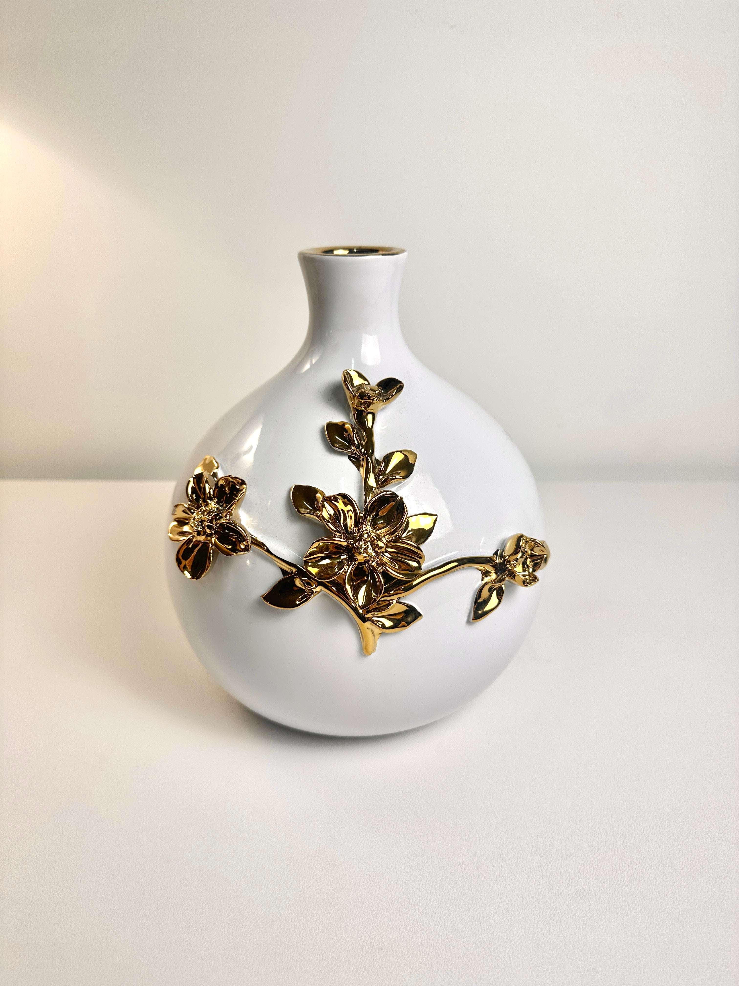 Contemporary Ceramic White Vase with Gold Flower 9"
