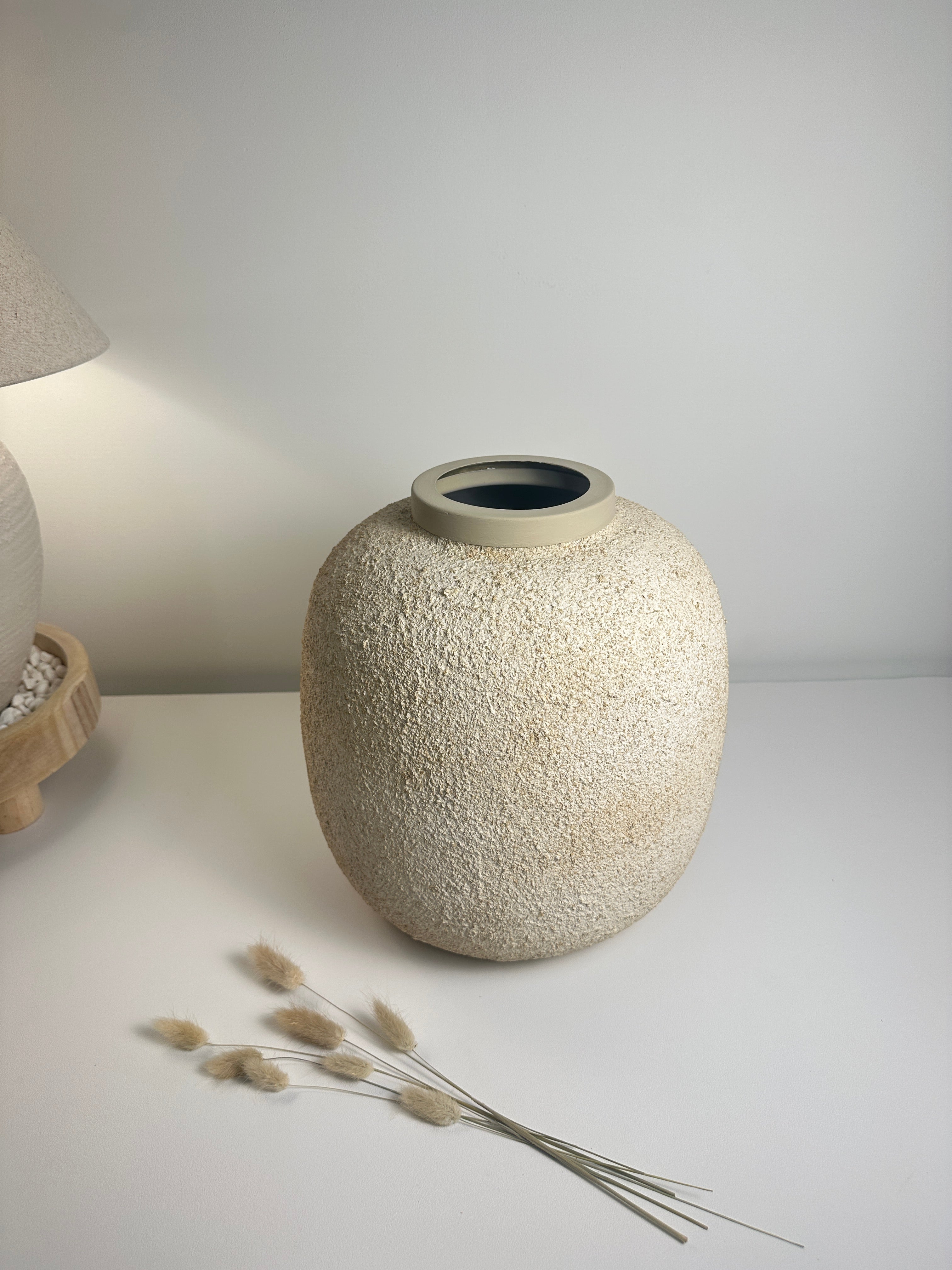 Minimalist Floor or Table Vase Textured Round 12“ Tall - Beige