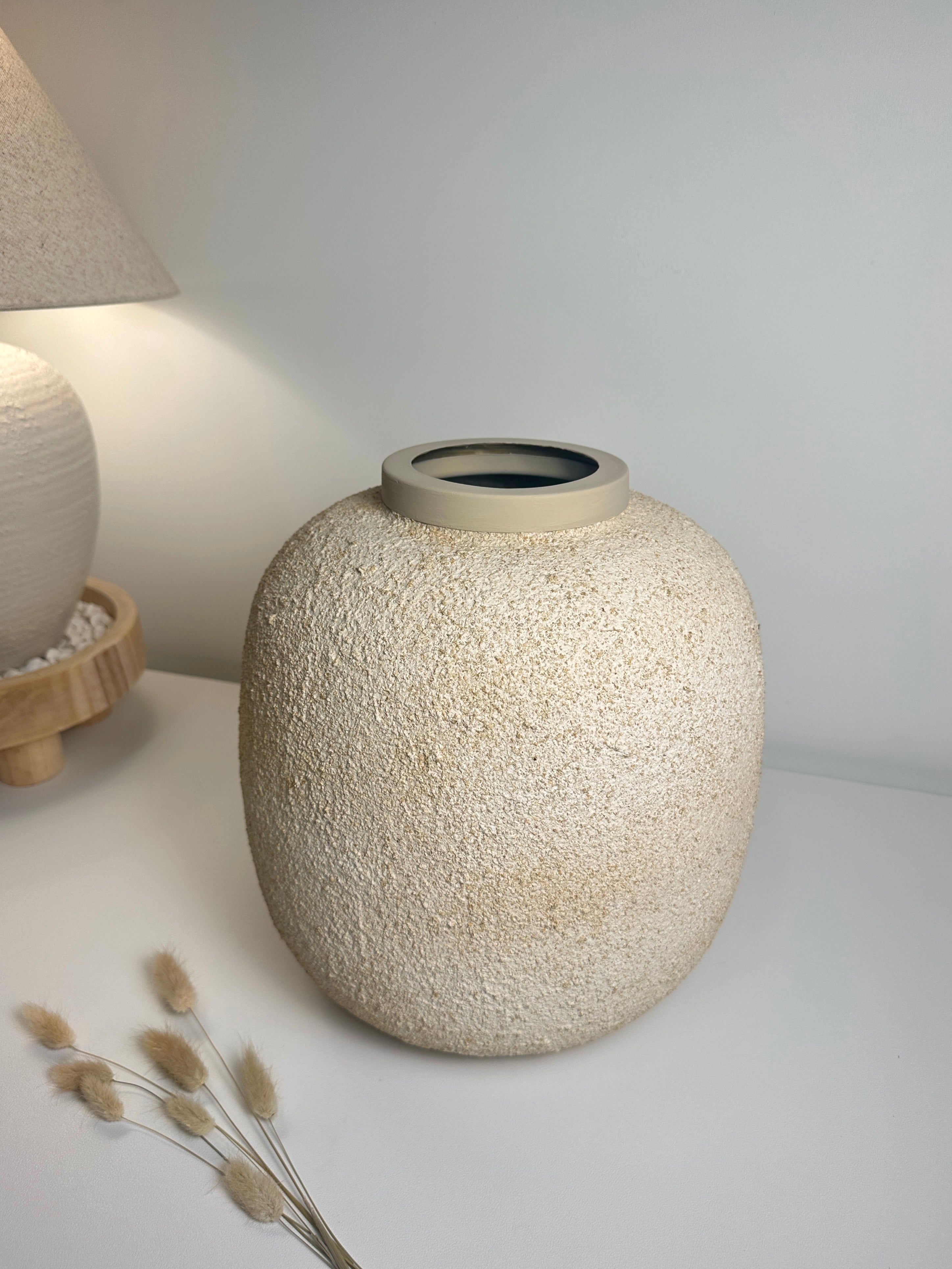 Minimalist Floor or Table Vase Textured Round 12“ Tall - Beige