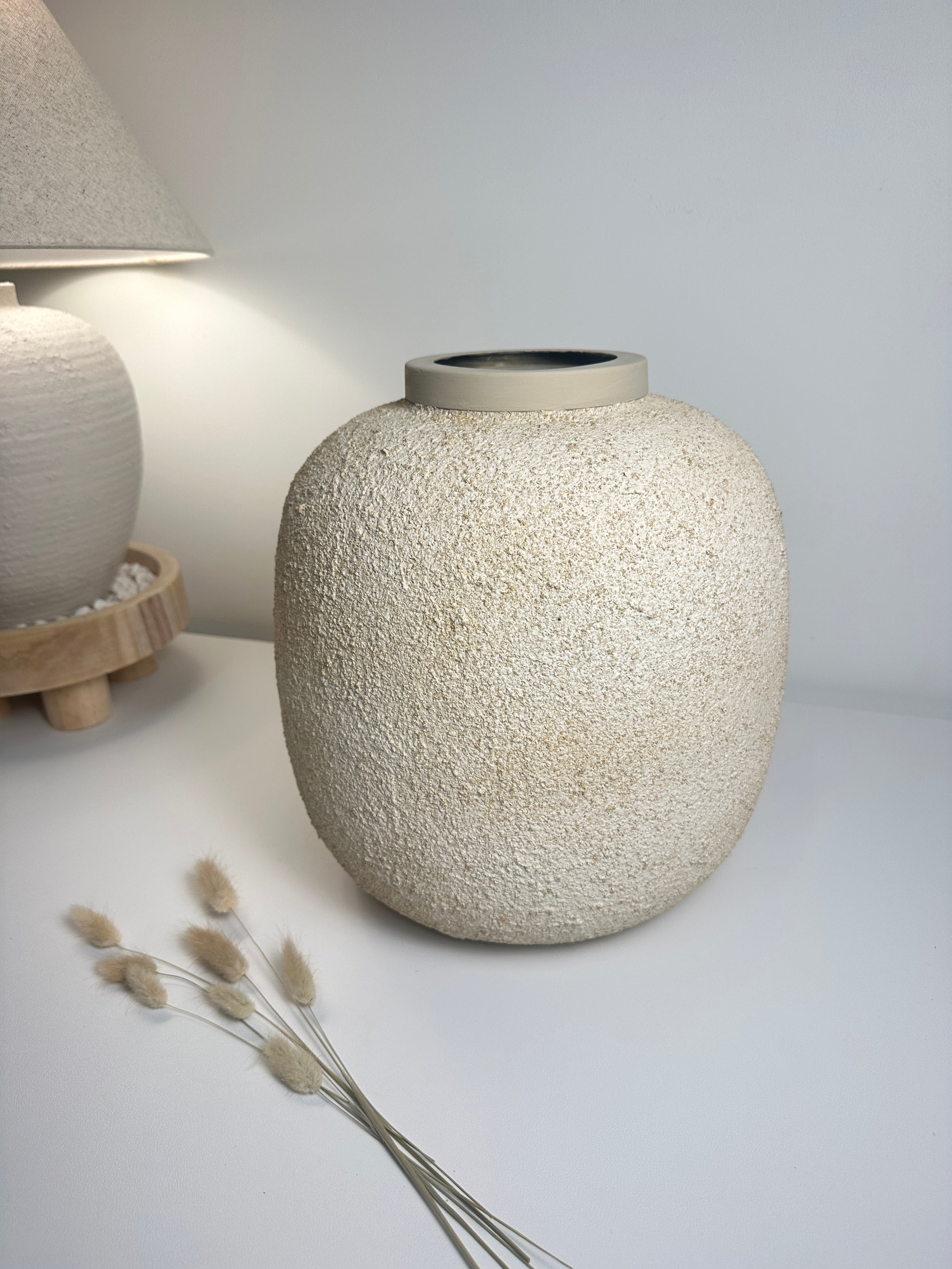Minimalist Floor or Table Vase Textured Round 12“ Tall - Beige