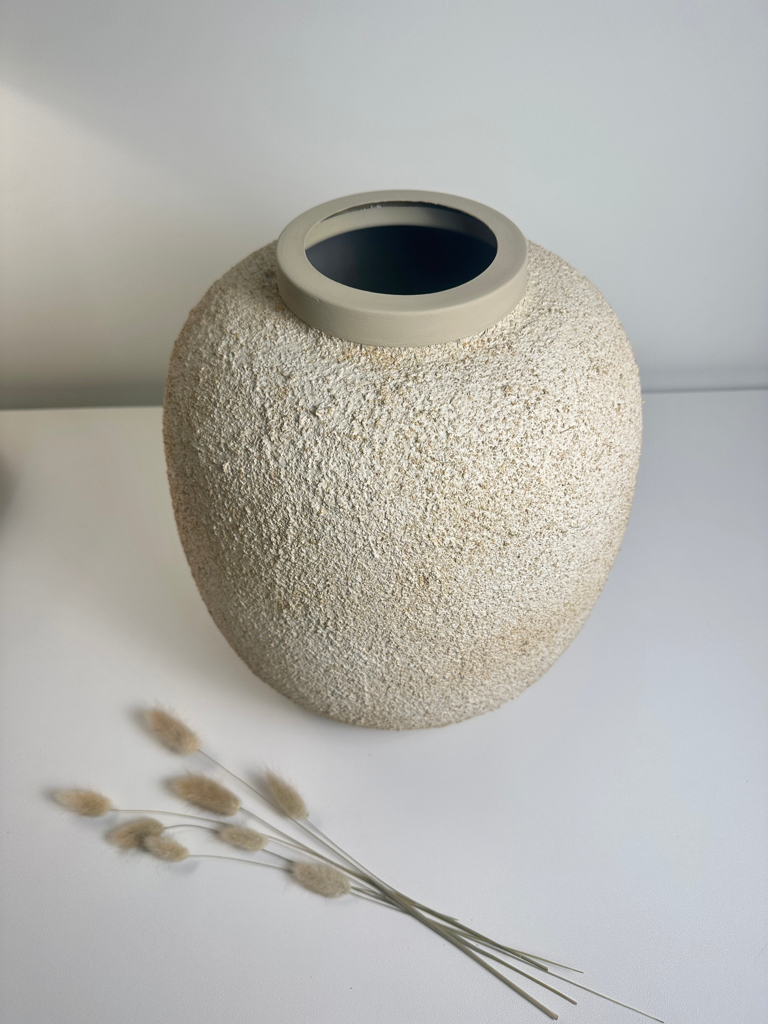 Minimalist Floor or Table Vase Textured Round 12“ Tall - Beige