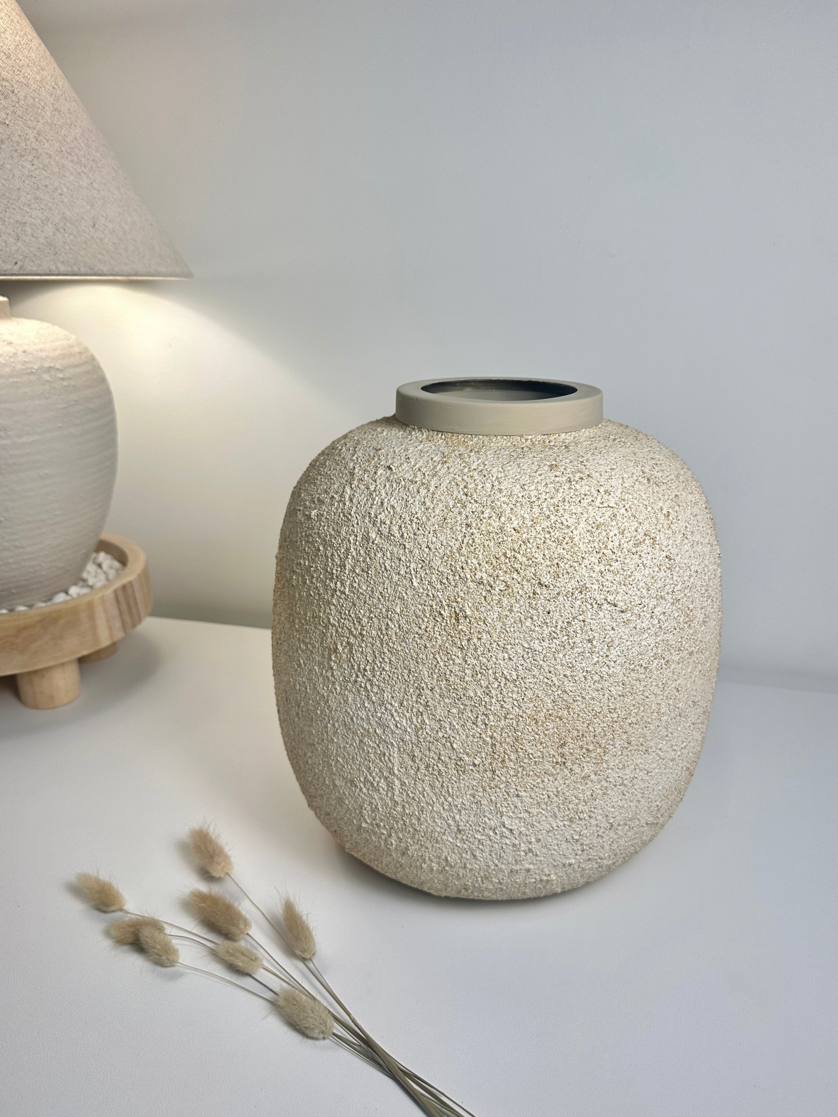 Minimalist Floor or Table Vase Textured Round 12“ Tall - Beige