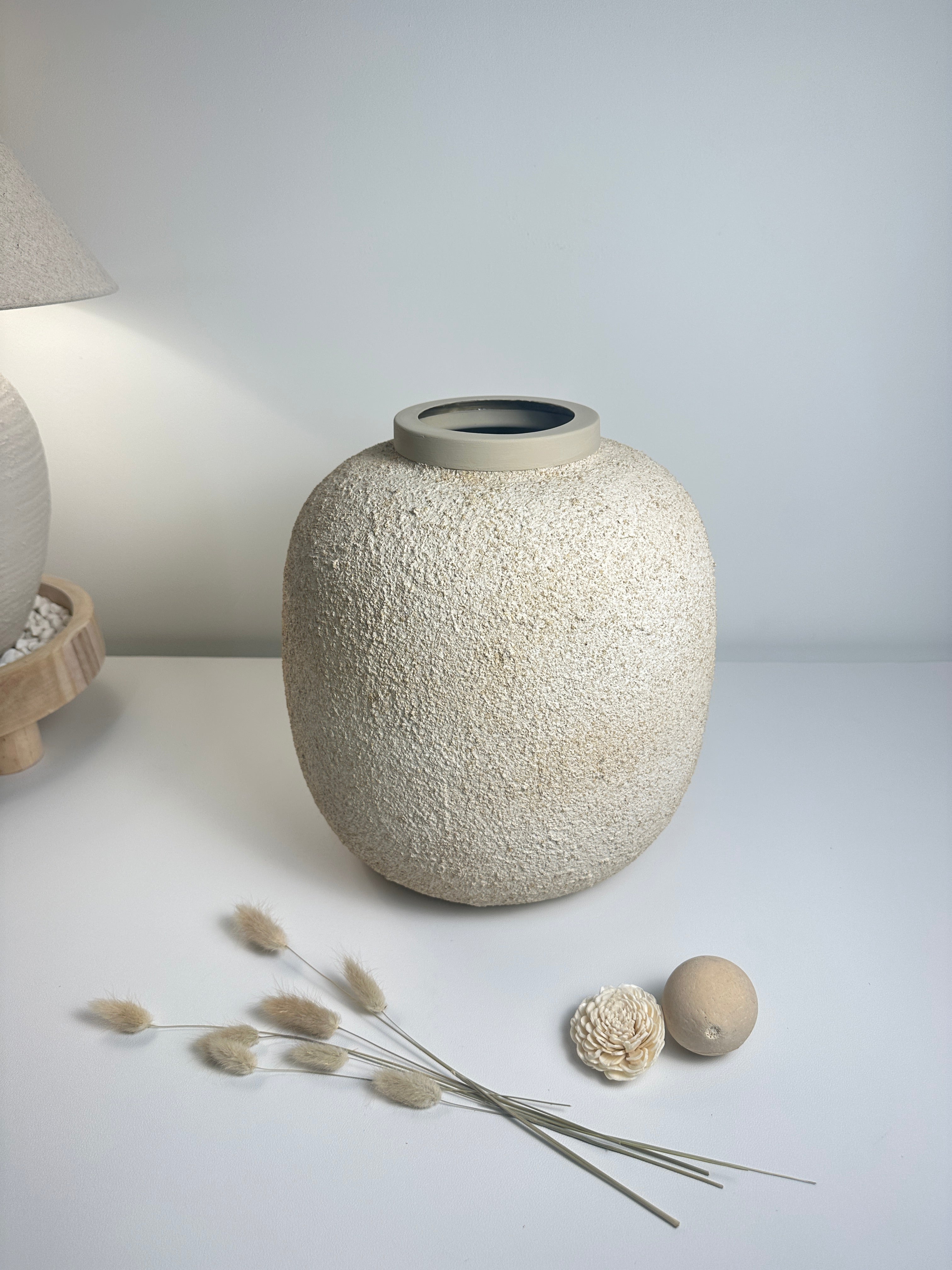 Minimalist Floor or Table Vase Textured Round 12“ Tall - Beige