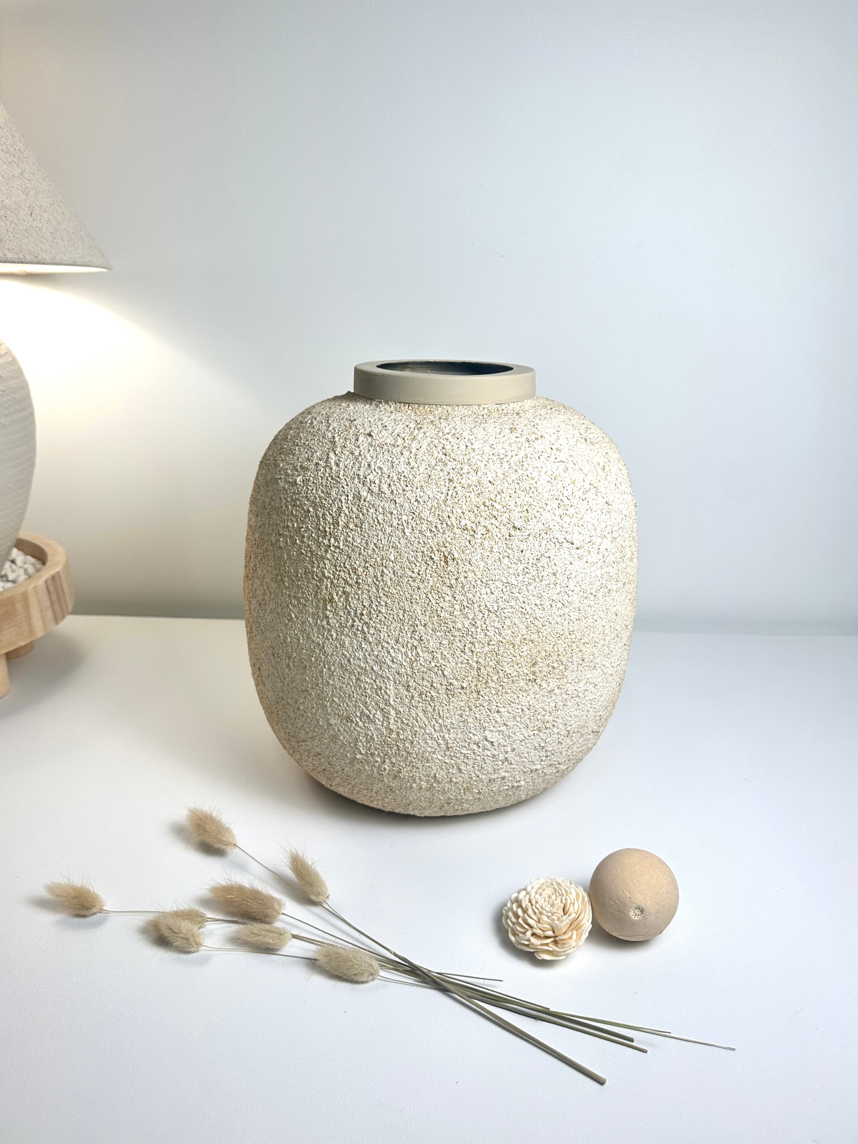 Minimalist Floor or Table Vase Textured Round 12“ Tall - Beige