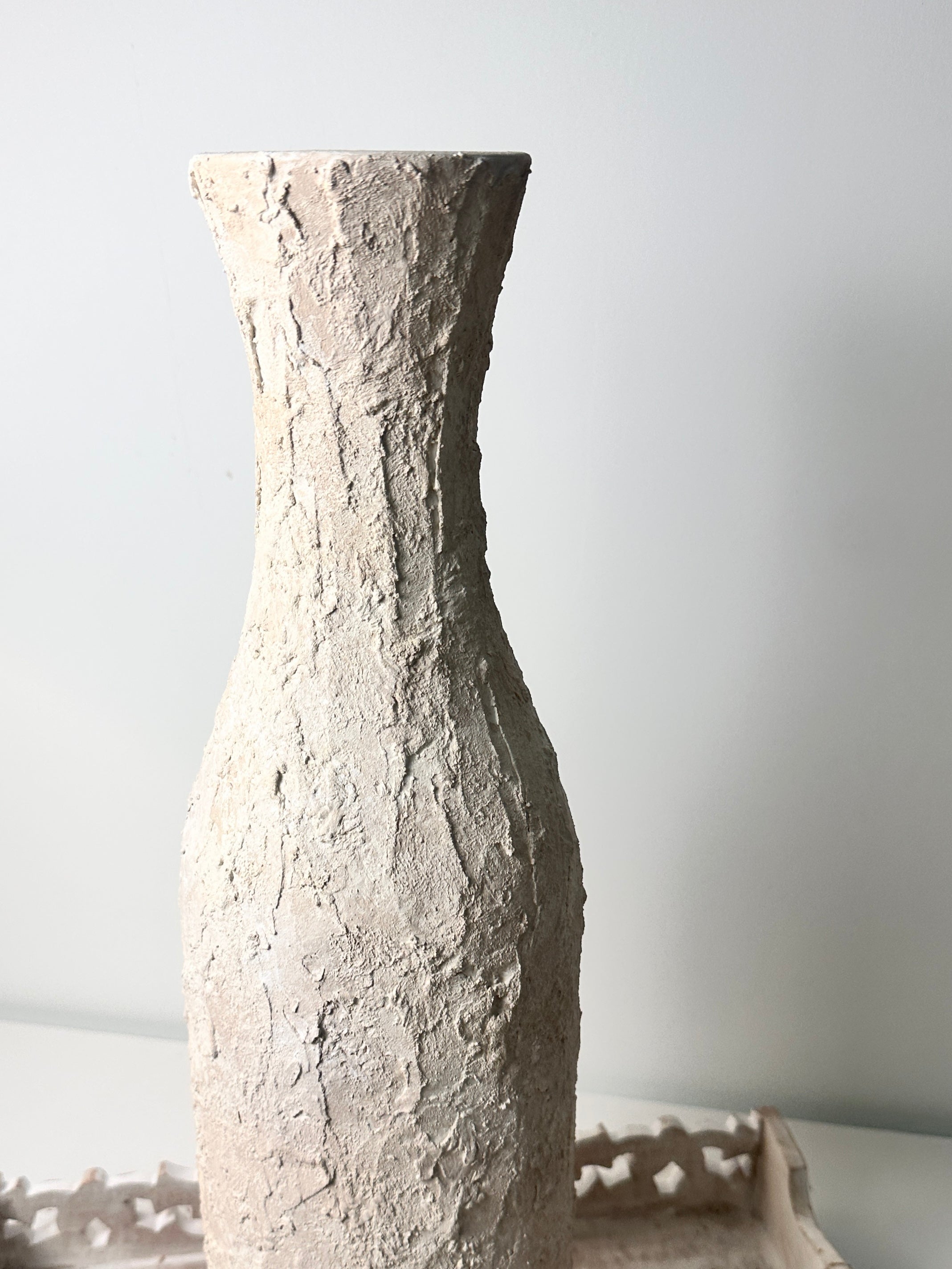 Minimalist Art Piece Floor Vase 19.5" tall Textured Hand-painted Metal/Ceramic  - Off White
