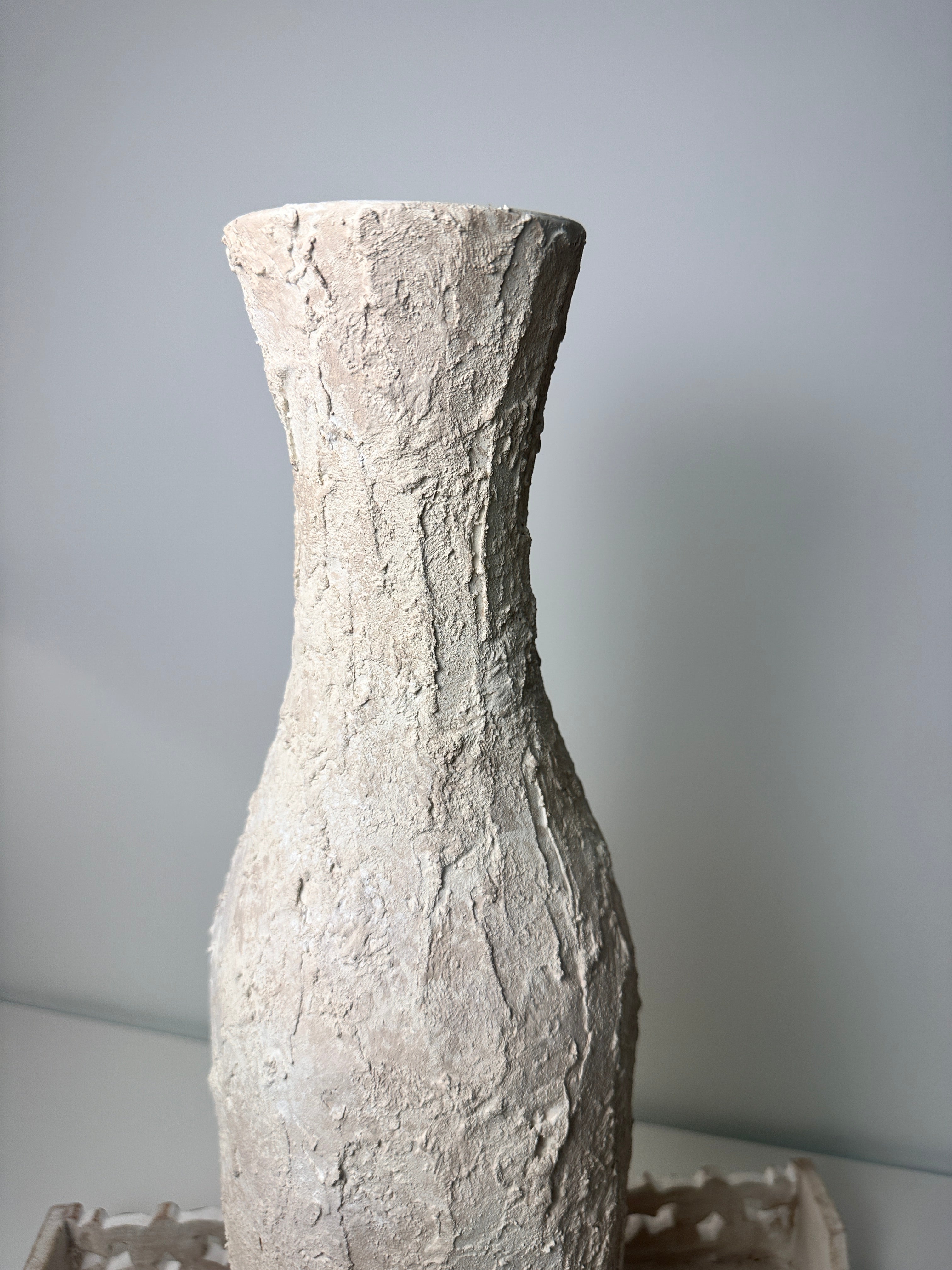 Minimalist Art Piece Floor Vase 19.5" tall Textured Hand-painted Metal/Ceramic  - Off White