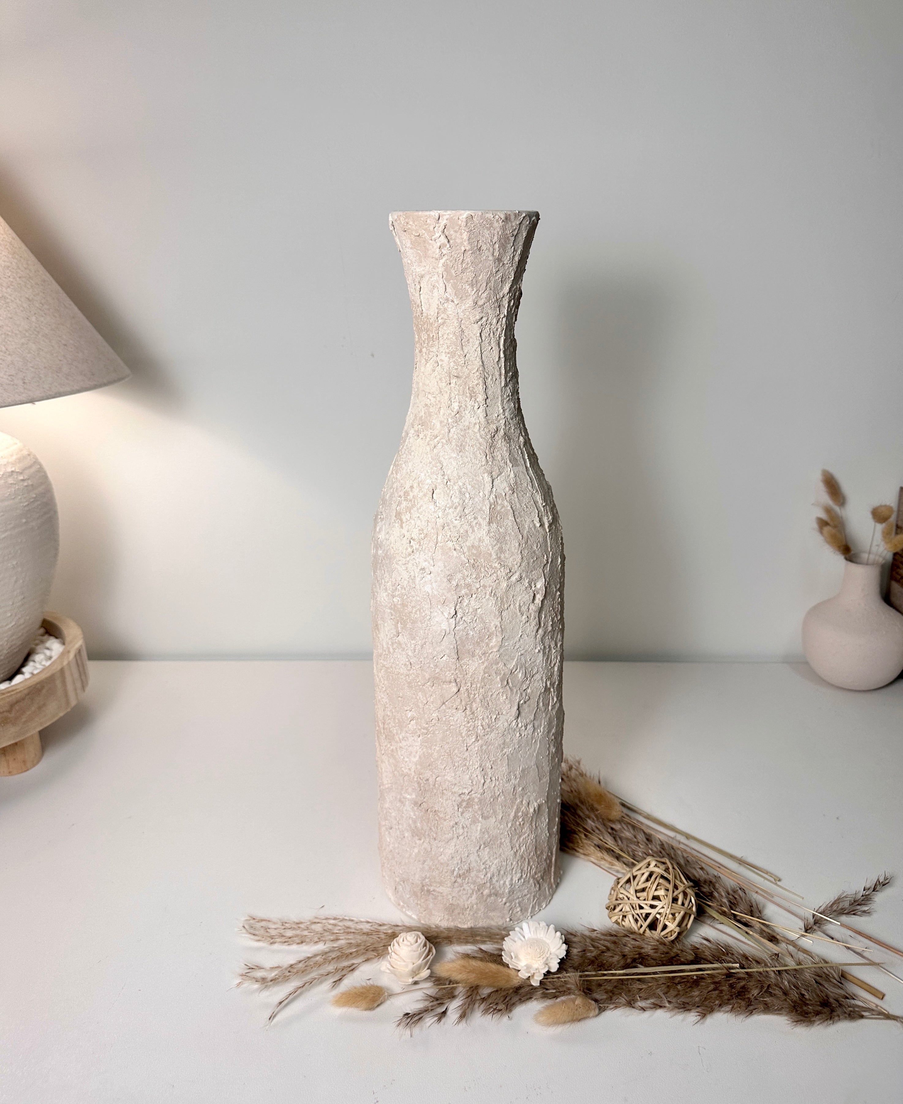Minimalist Art Piece Floor Vase 19.5" tall Textured Hand-painted Metal/Ceramic  - Off White