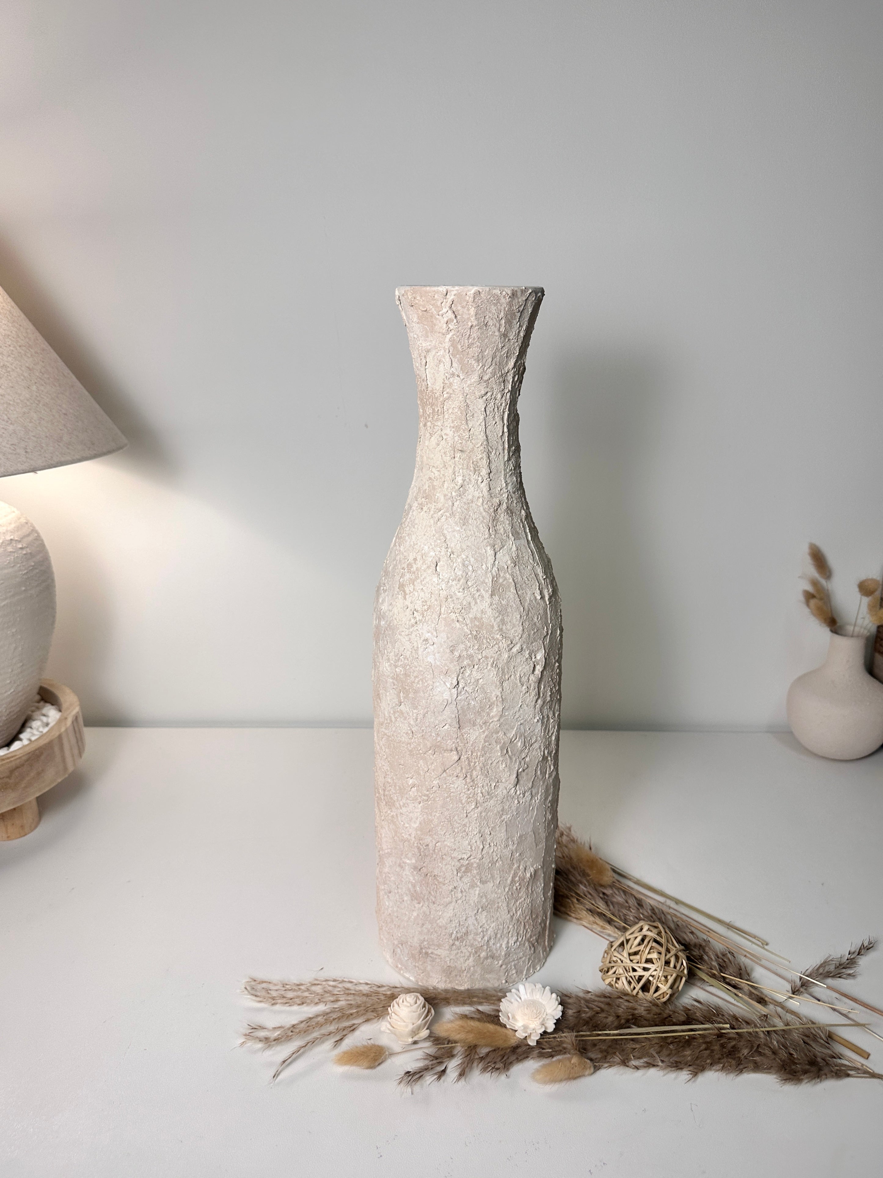 Minimalist Art Piece Floor Vase 19.5" tall Textured Hand-painted Metal/Ceramic  - Off White