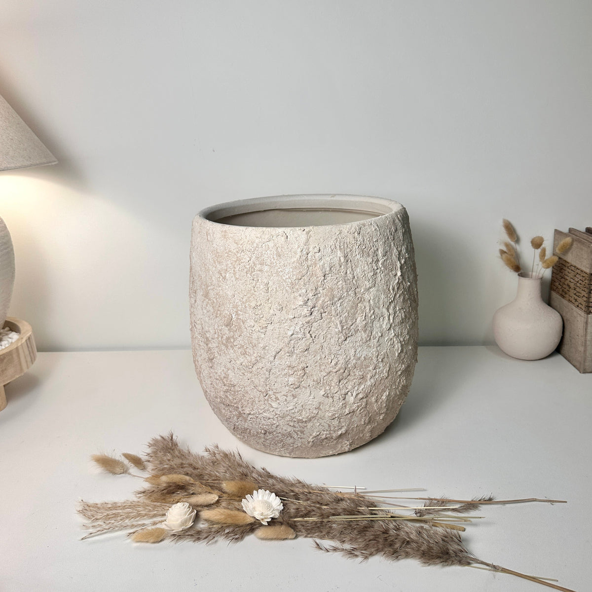 Minimalist Hand-Painted & Textured Planter Pot 12.5" tall with drainage hole one time creation - Cream Sand wash