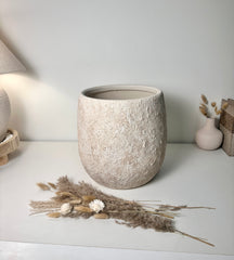 Minimalist Hand-Painted & Textured Planter Pot 12.5" tall with drainage hole one time creation - Cream Sand wash