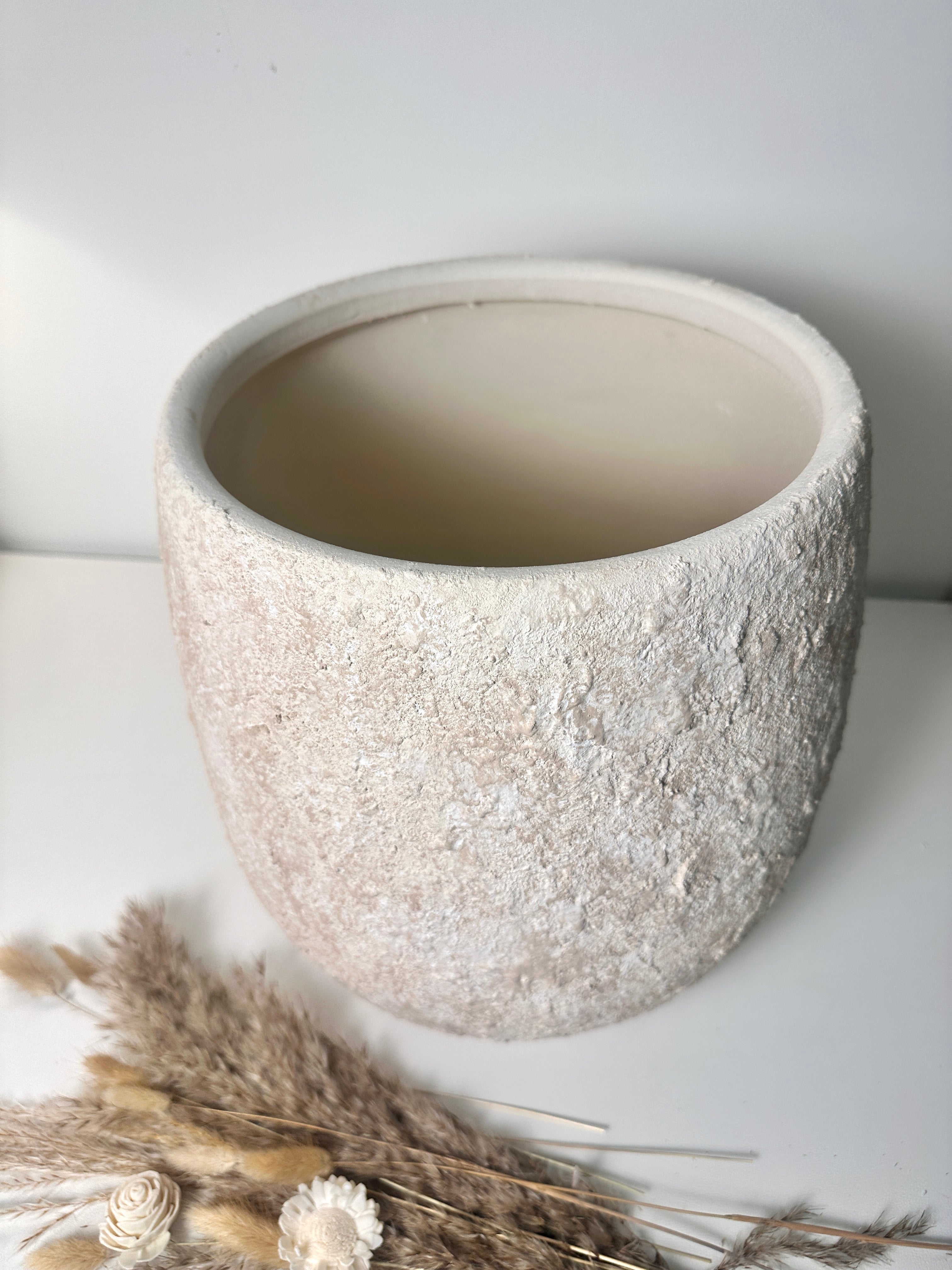 Minimalist Hand-Painted & Textured Planter Pot 12.5" tall with drainage hole one time creation - Cream Sand wash