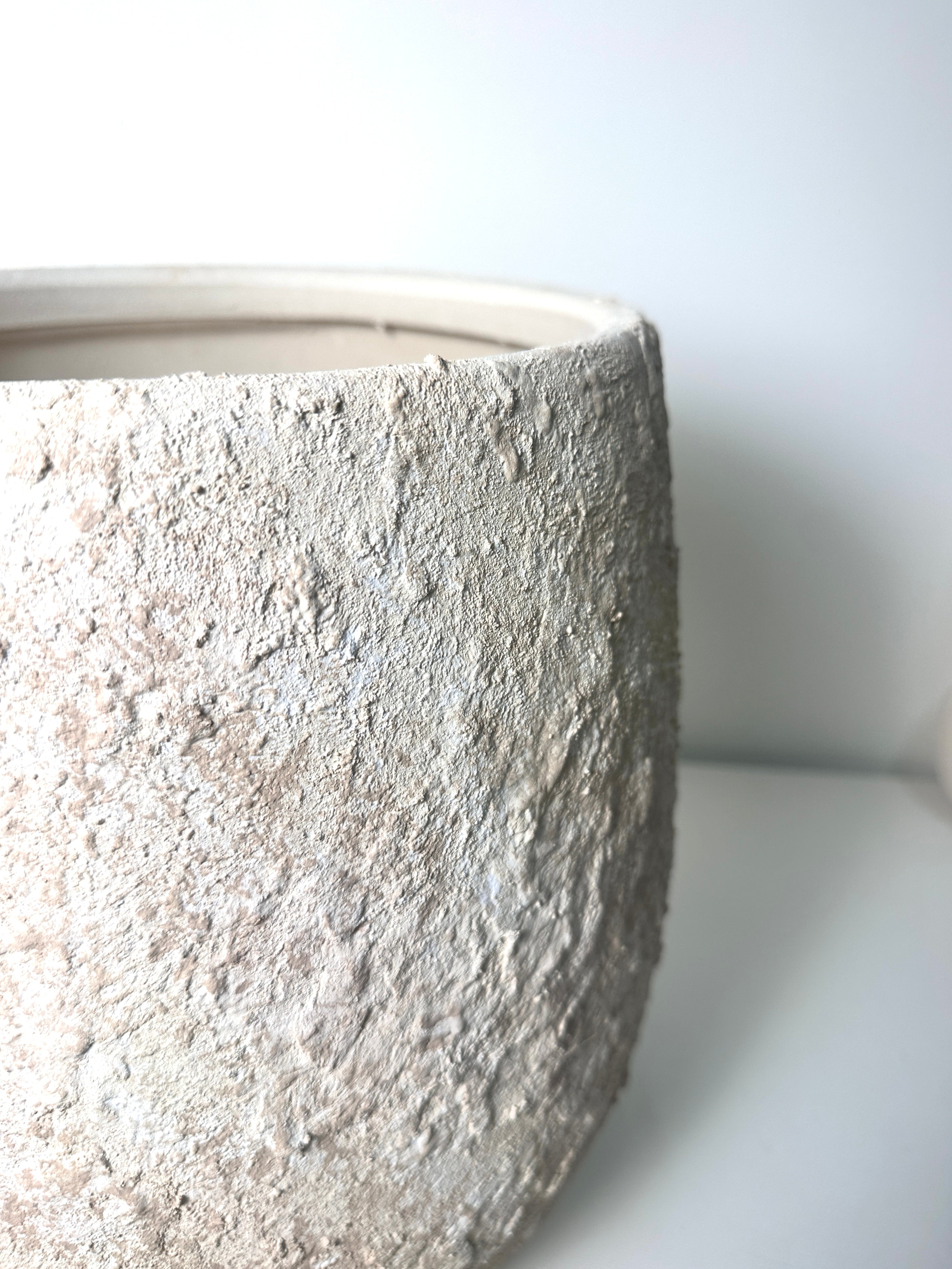 Minimalist Hand-Painted & Textured Planter Pot 12.5" tall with drainage hole one time creation - Cream Sand wash