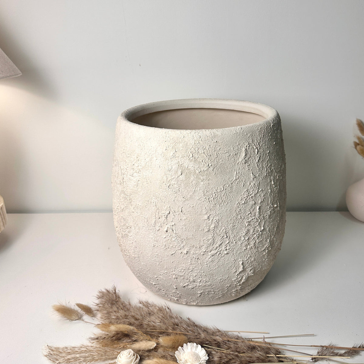 Minimalist Hand-Painted & Textured Planter Pot 12.5" tall with drainage hole one time creation - Cream