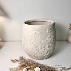 Minimalist Hand-Painted & Textured Planter Pot 12.5" tall with drainage hole one time creation - Cream