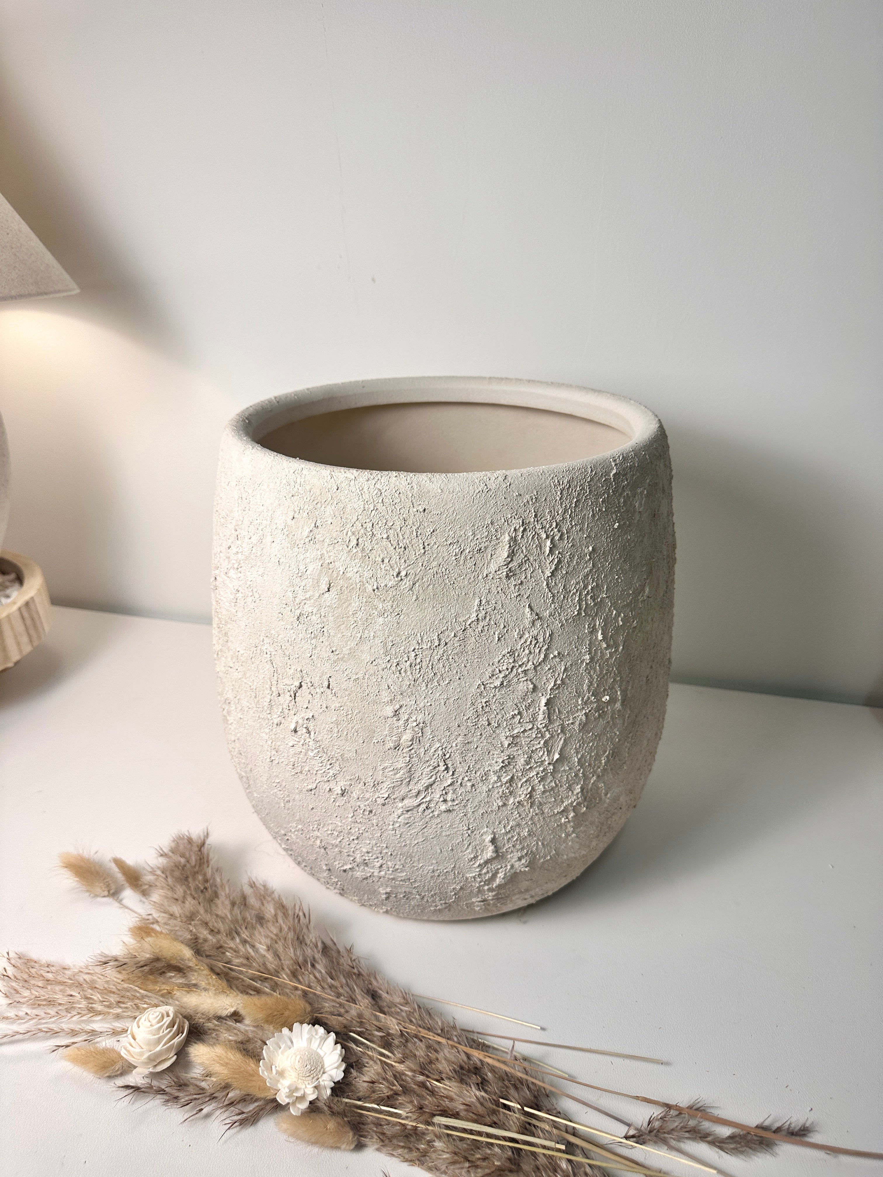 Minimalist Hand-Painted & Textured Planter Pot 12.5" tall with drainage hole one time creation - Cream