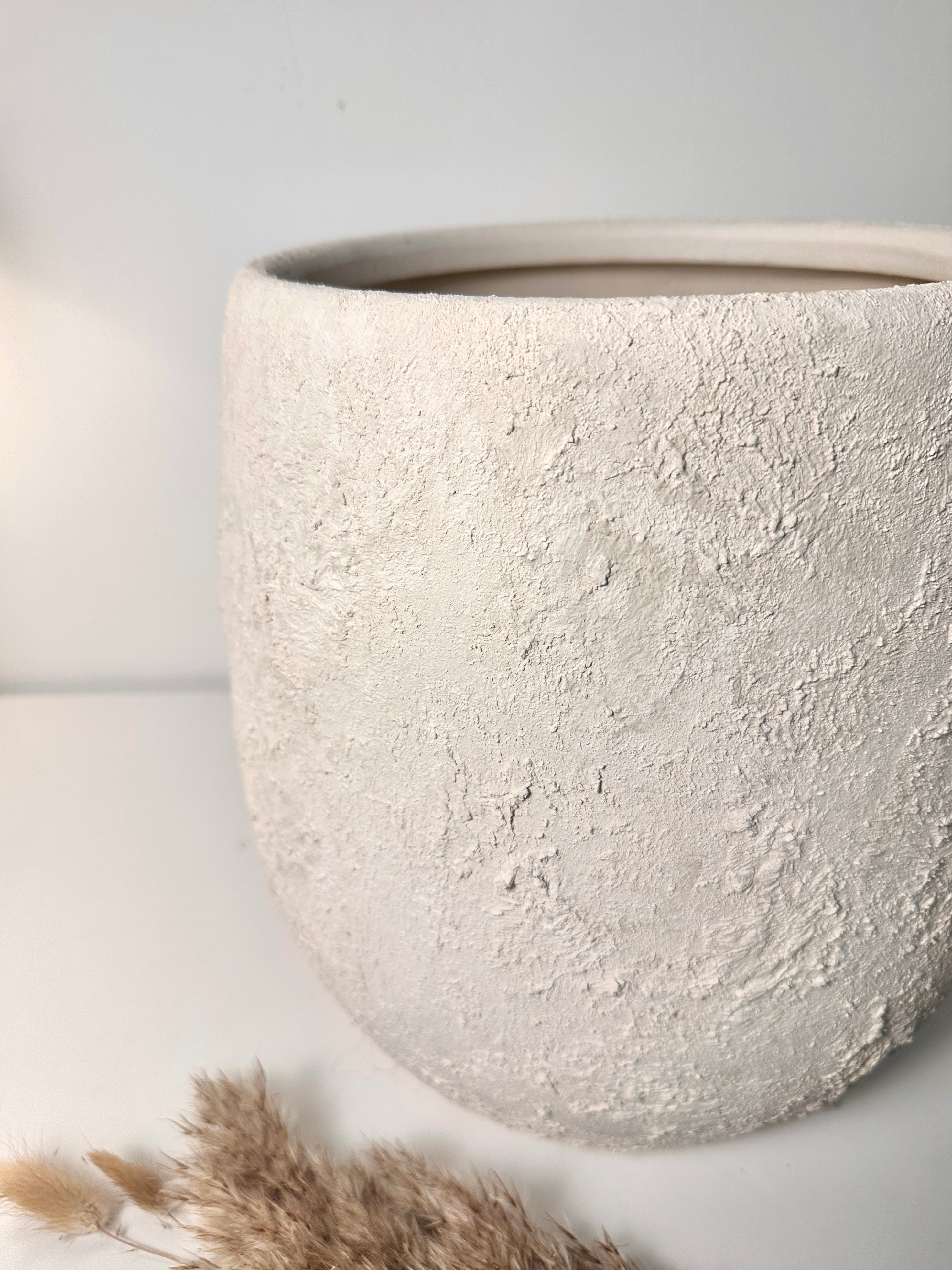 Minimalist Hand-Painted & Textured Planter Pot 12.5" tall with drainage hole one time creation - Cream