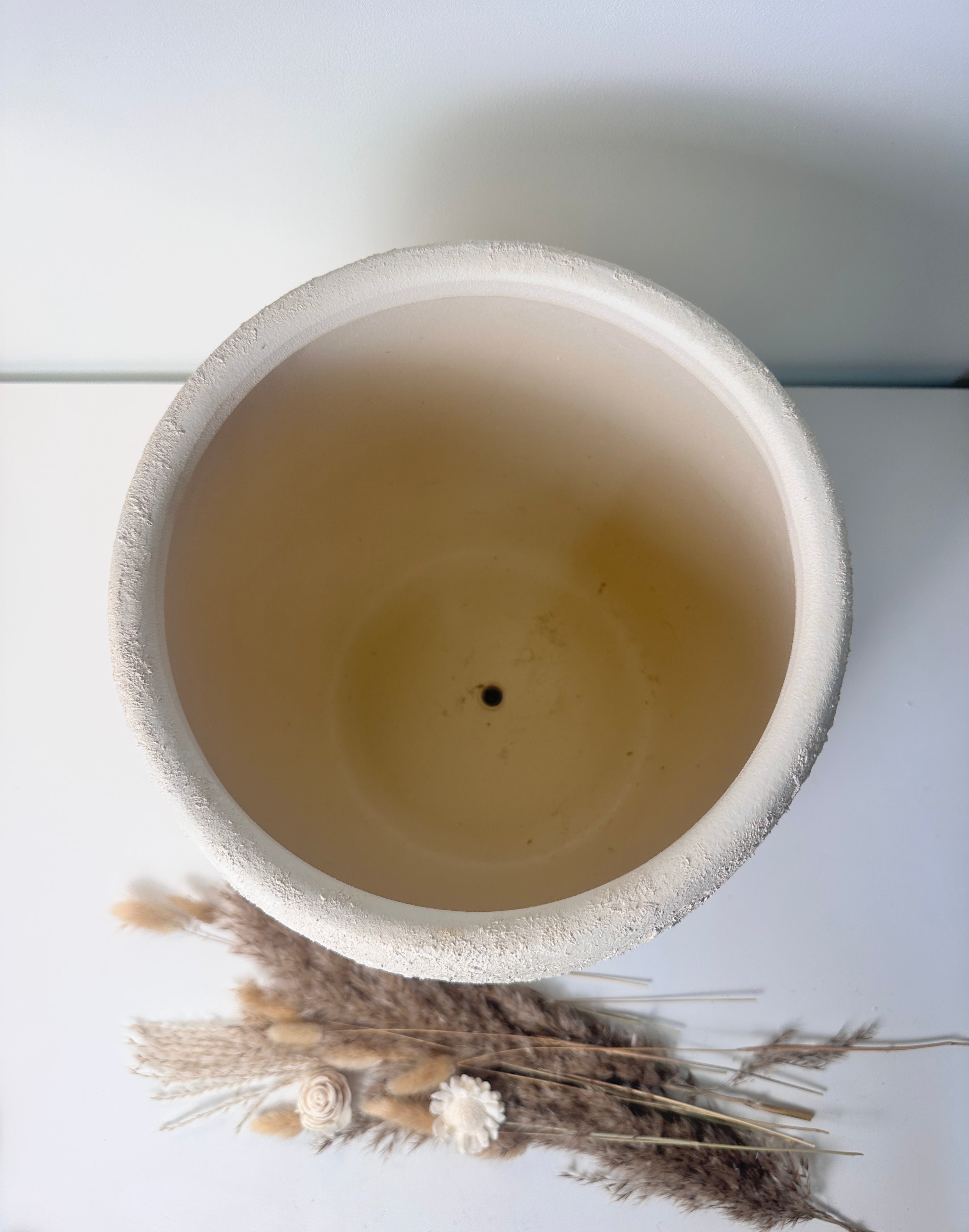 Minimalist Hand-Painted & Textured Planter Pot 12.5" tall with drainage hole one time creation - Cream