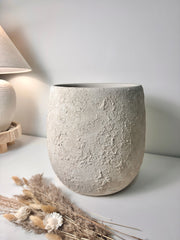 Minimalist Hand-Painted & Textured Planter Pot 12.5" tall with drainage hole one time creation - Cream