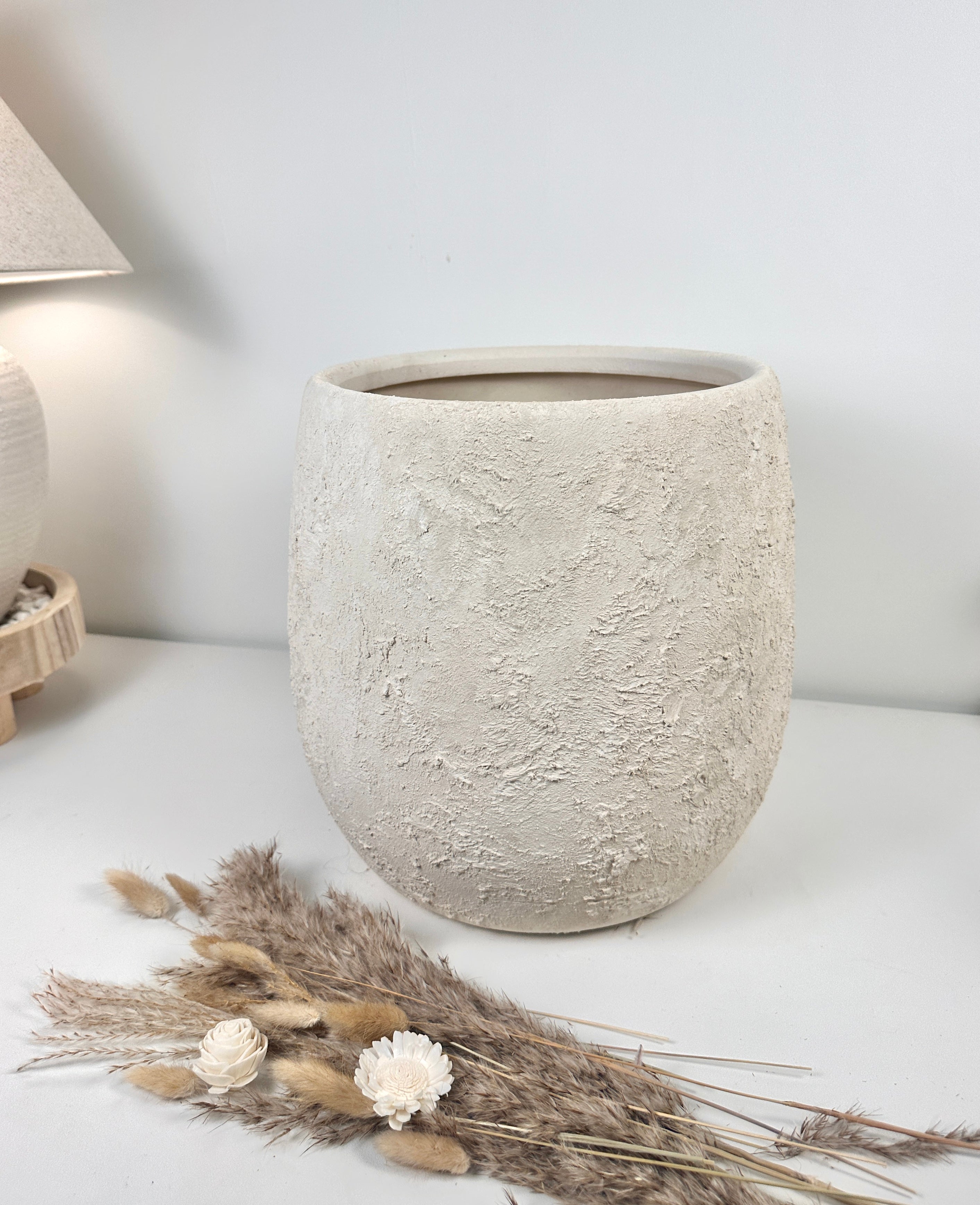 Minimalist Hand-Painted & Textured Planter Pot 12.5" tall with drainage hole one time creation - Cream