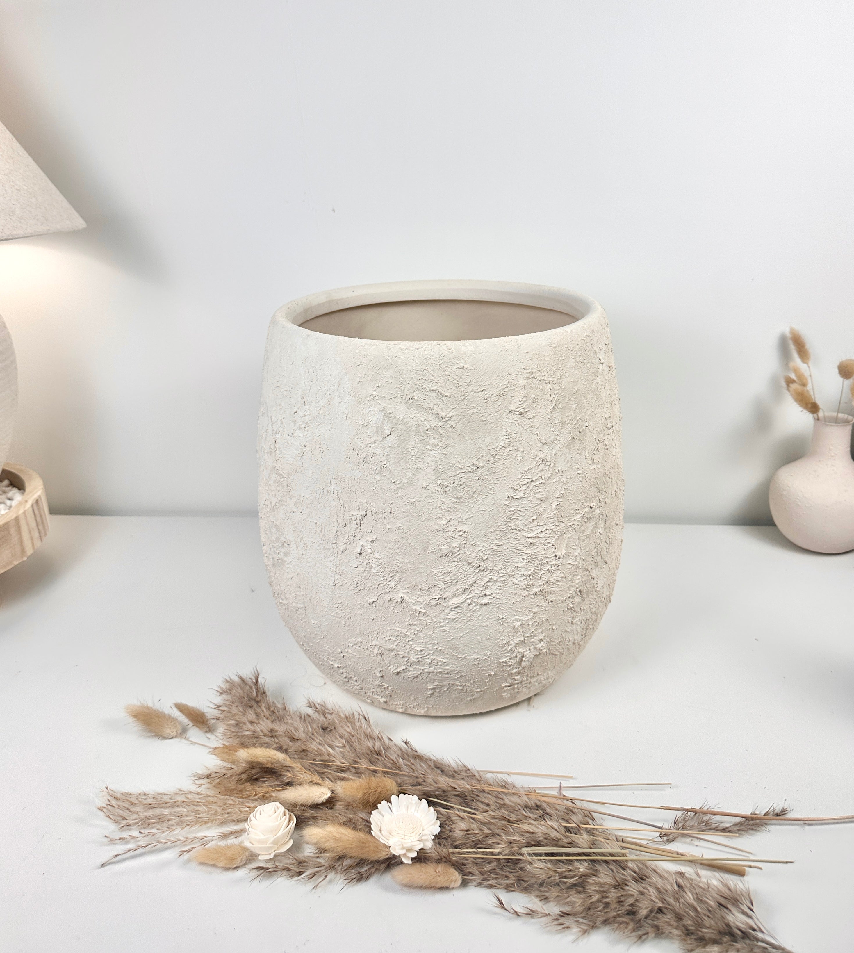 Minimalist Hand-Painted & Textured Planter Pot 12.5" tall with drainage hole one time creation - Cream