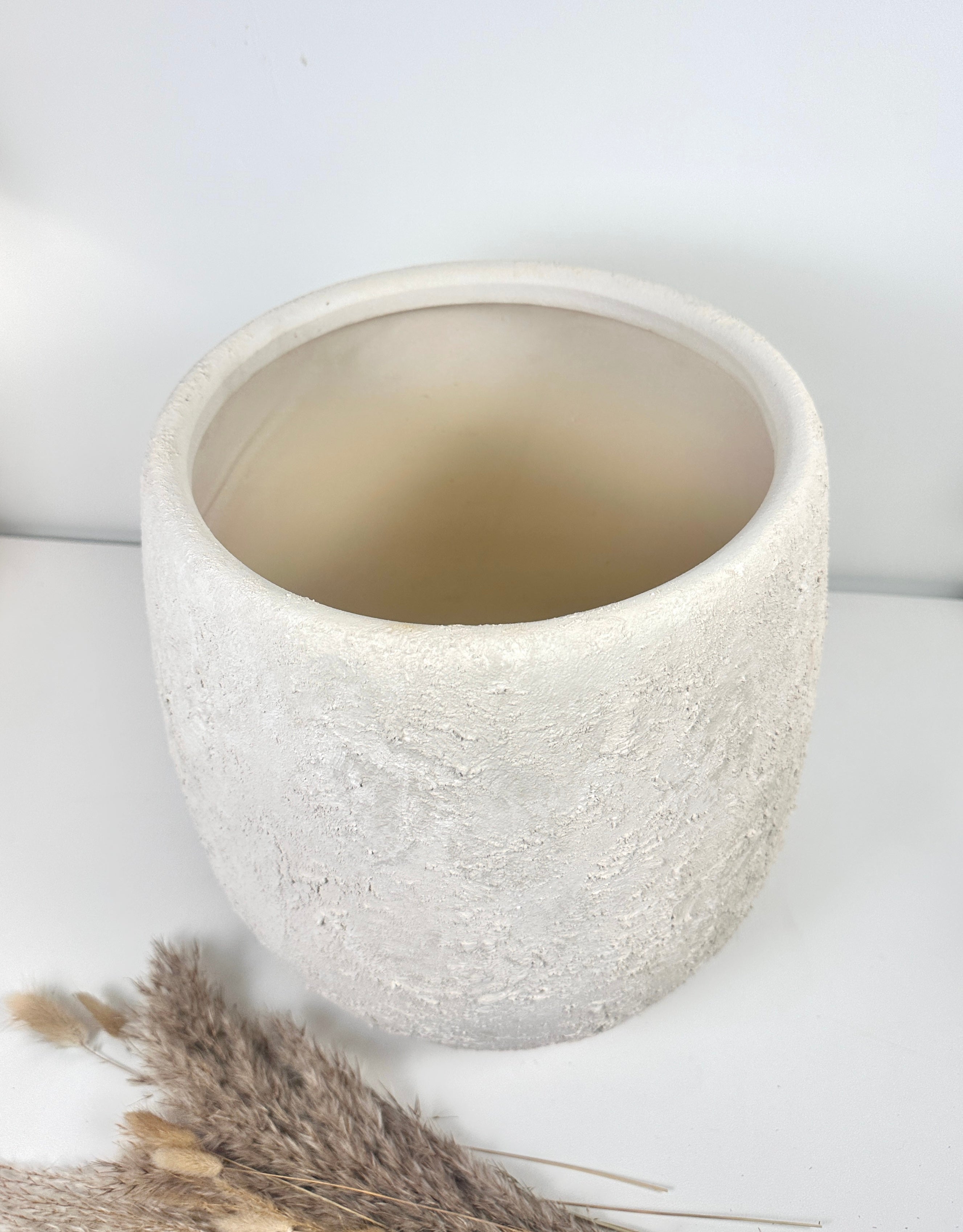 Minimalist Hand-Painted & Textured Planter Pot 12.5" tall with drainage hole one time creation - Cream