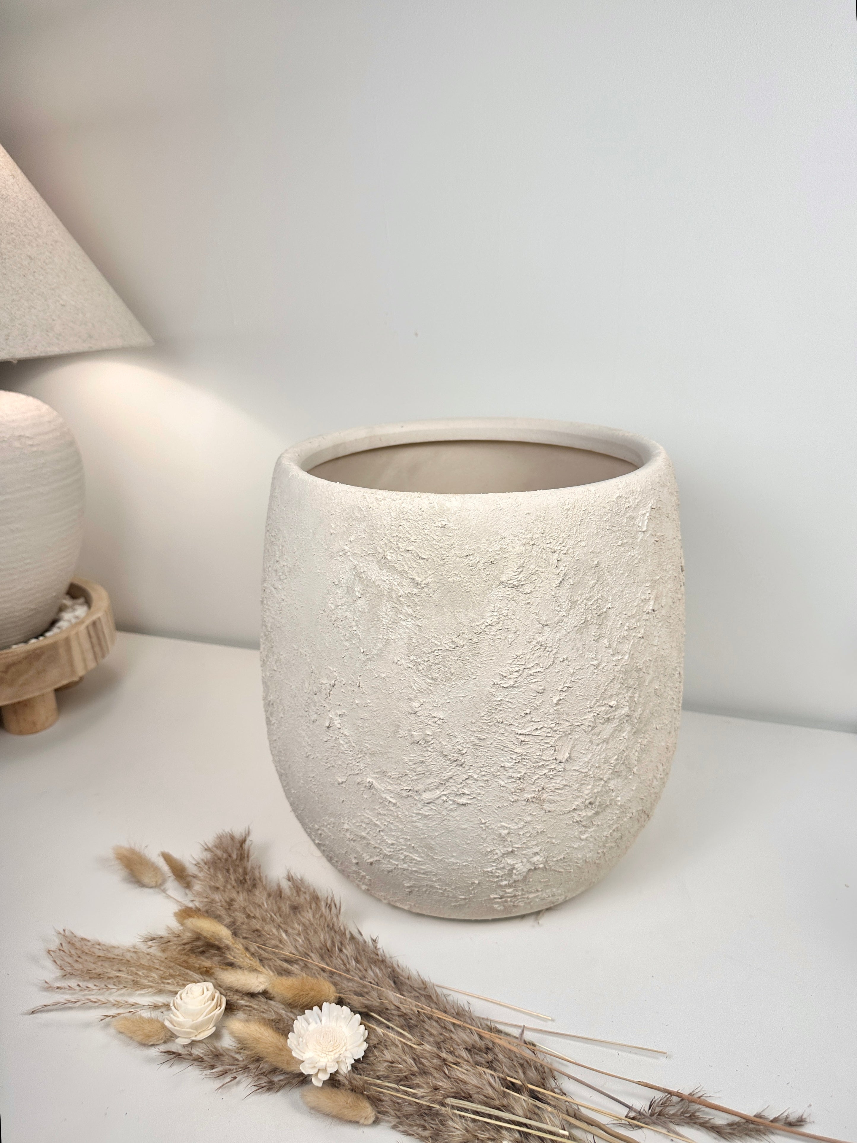 Minimalist Hand-Painted & Textured Planter Pot 12.5" tall with drainage hole one time creation - Cream