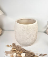 Minimalist Hand-Painted & Textured Planter Pot 12.5" tall with drainage hole one time creation - Cream