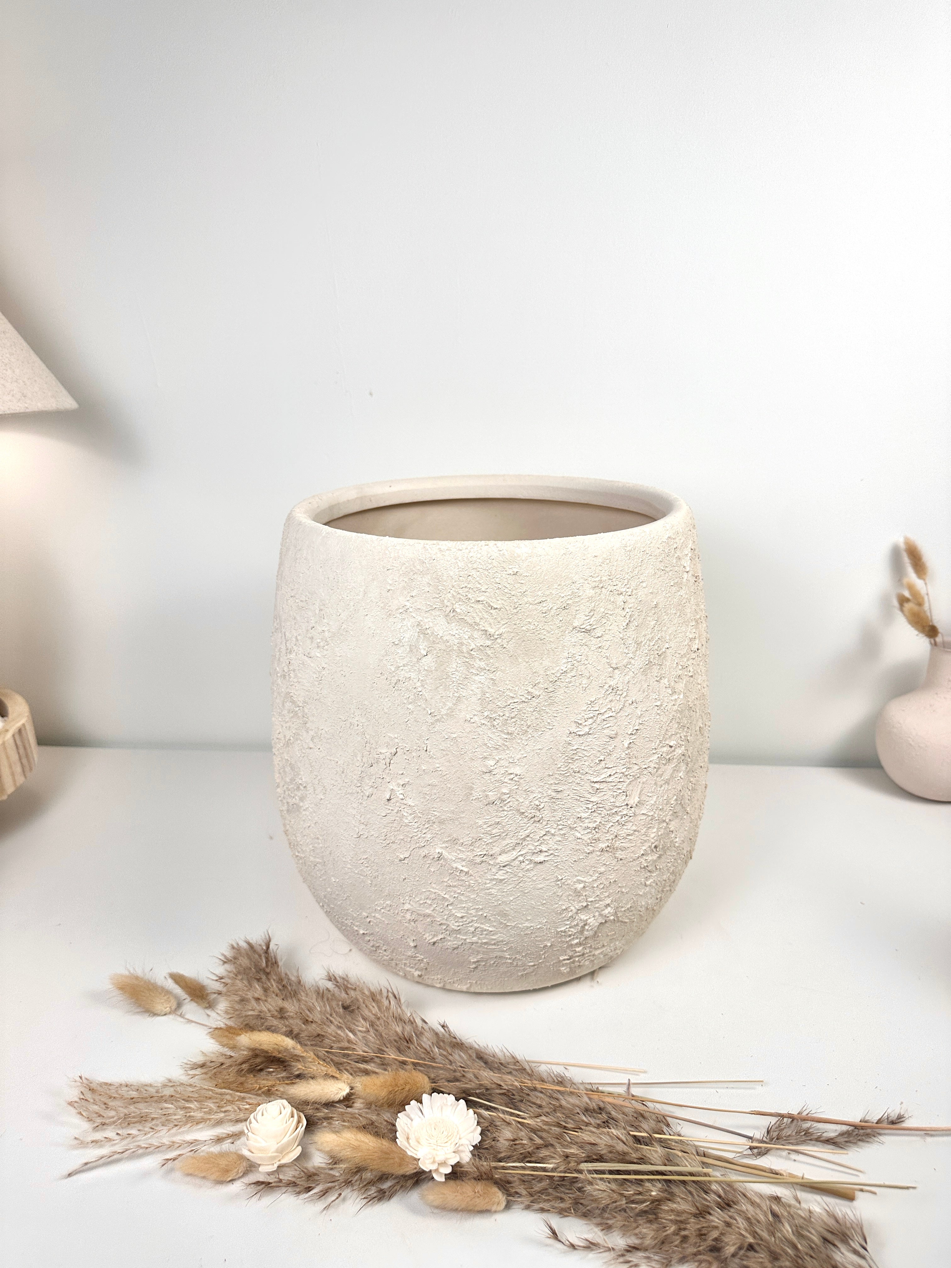 Minimalist Hand-Painted & Textured Planter Pot 12.5" tall with drainage hole one time creation - Cream