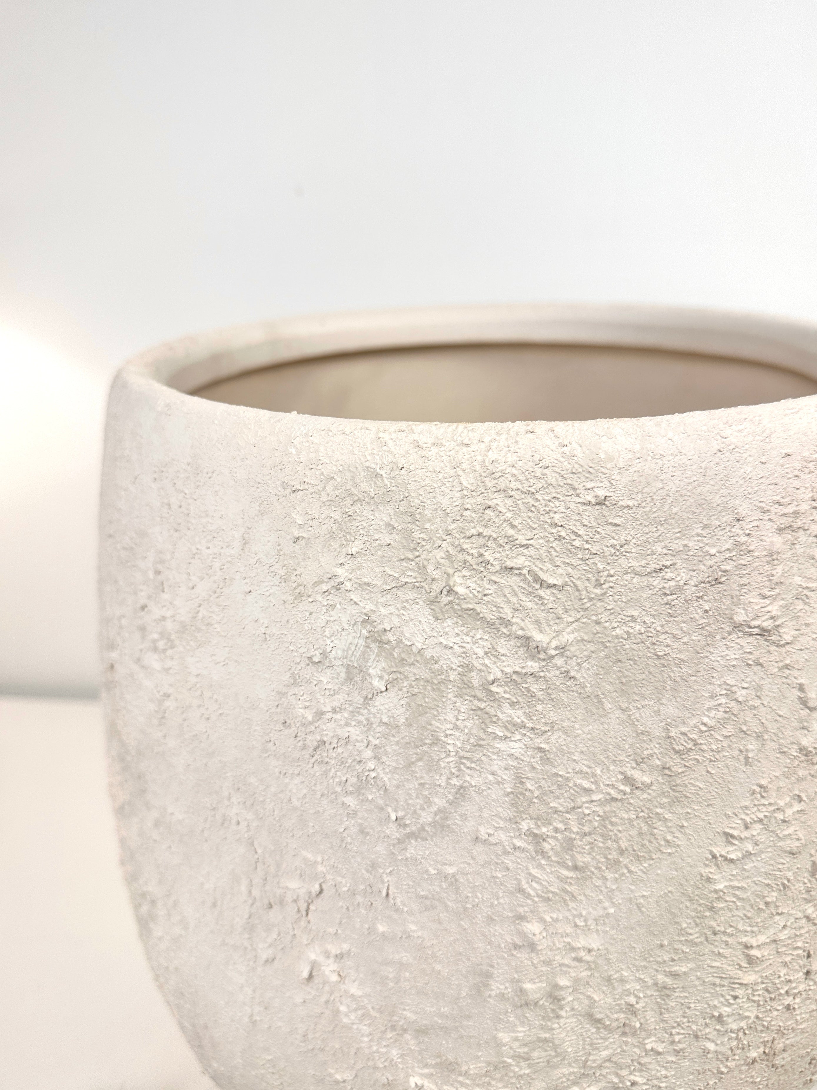 Minimalist Hand-Painted & Textured Planter Pot 12.5" tall with drainage hole one time creation - Cream