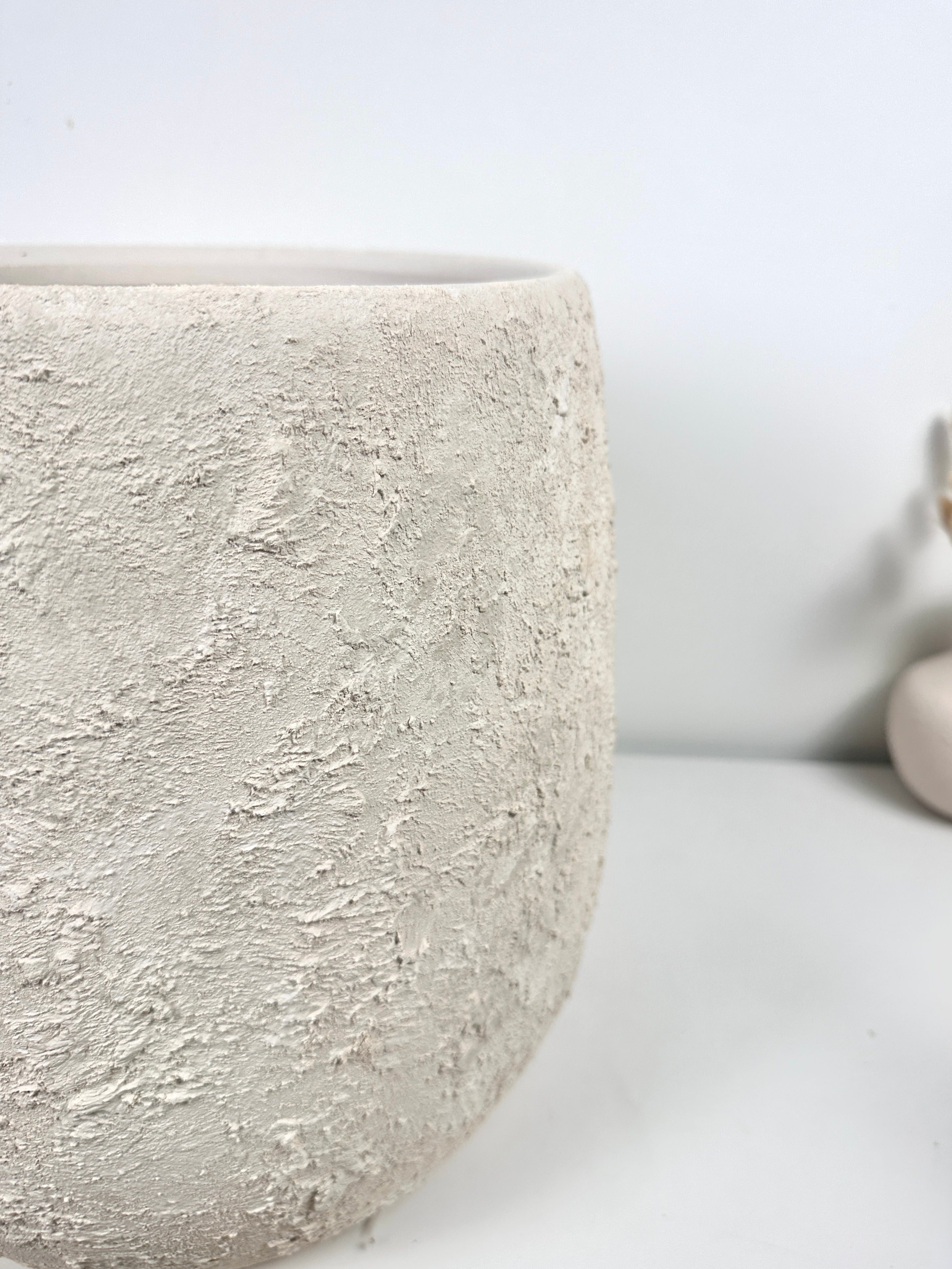 Minimalist Hand-Painted & Textured Planter Pot 12.5" tall with drainage hole one time creation - Cream