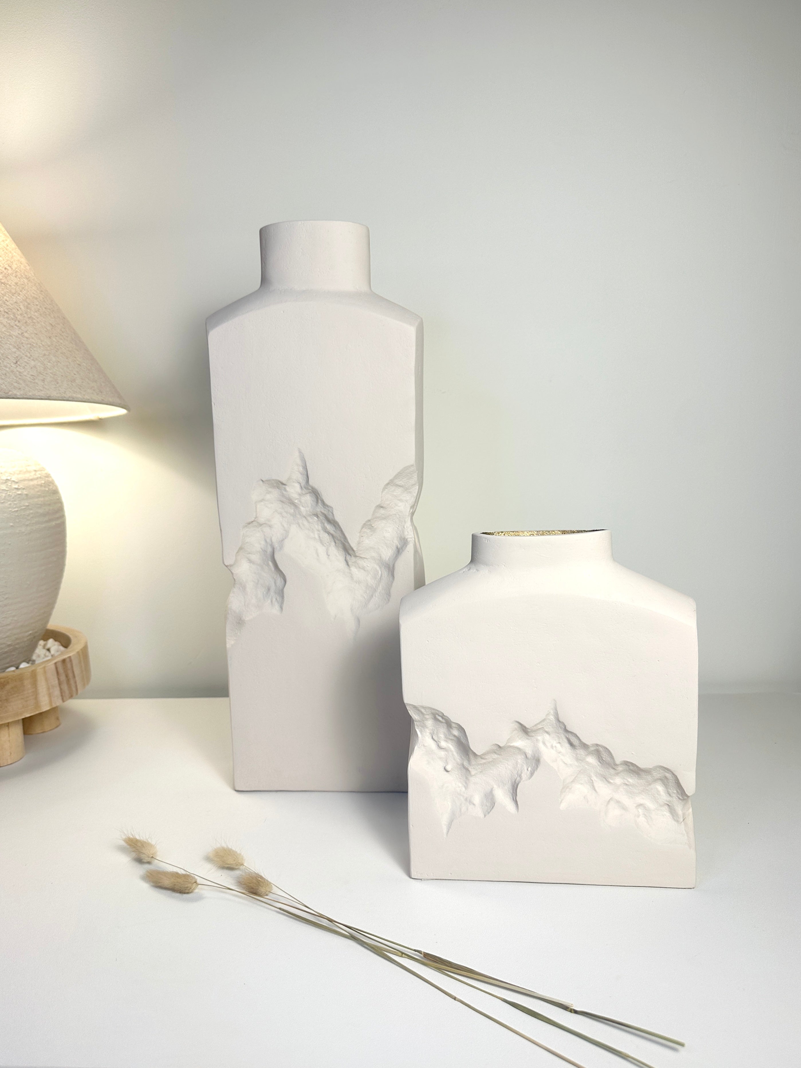 Sculptural Metal Ice Rock Style Vase Hand-Painted 20" tall -  White