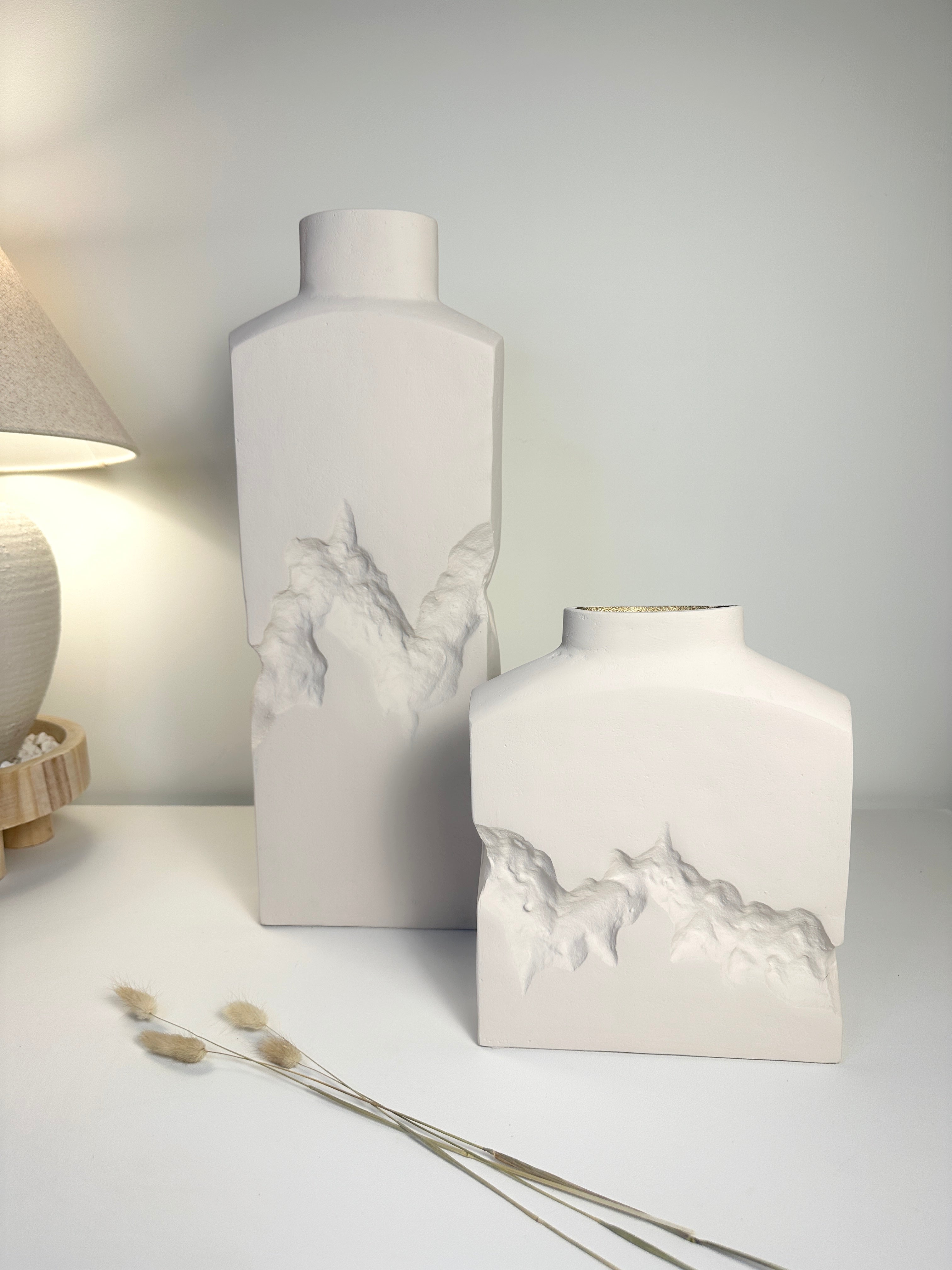 Sculptural Metal Ice Rock Style Vase Hand-Painted 20" tall -  White