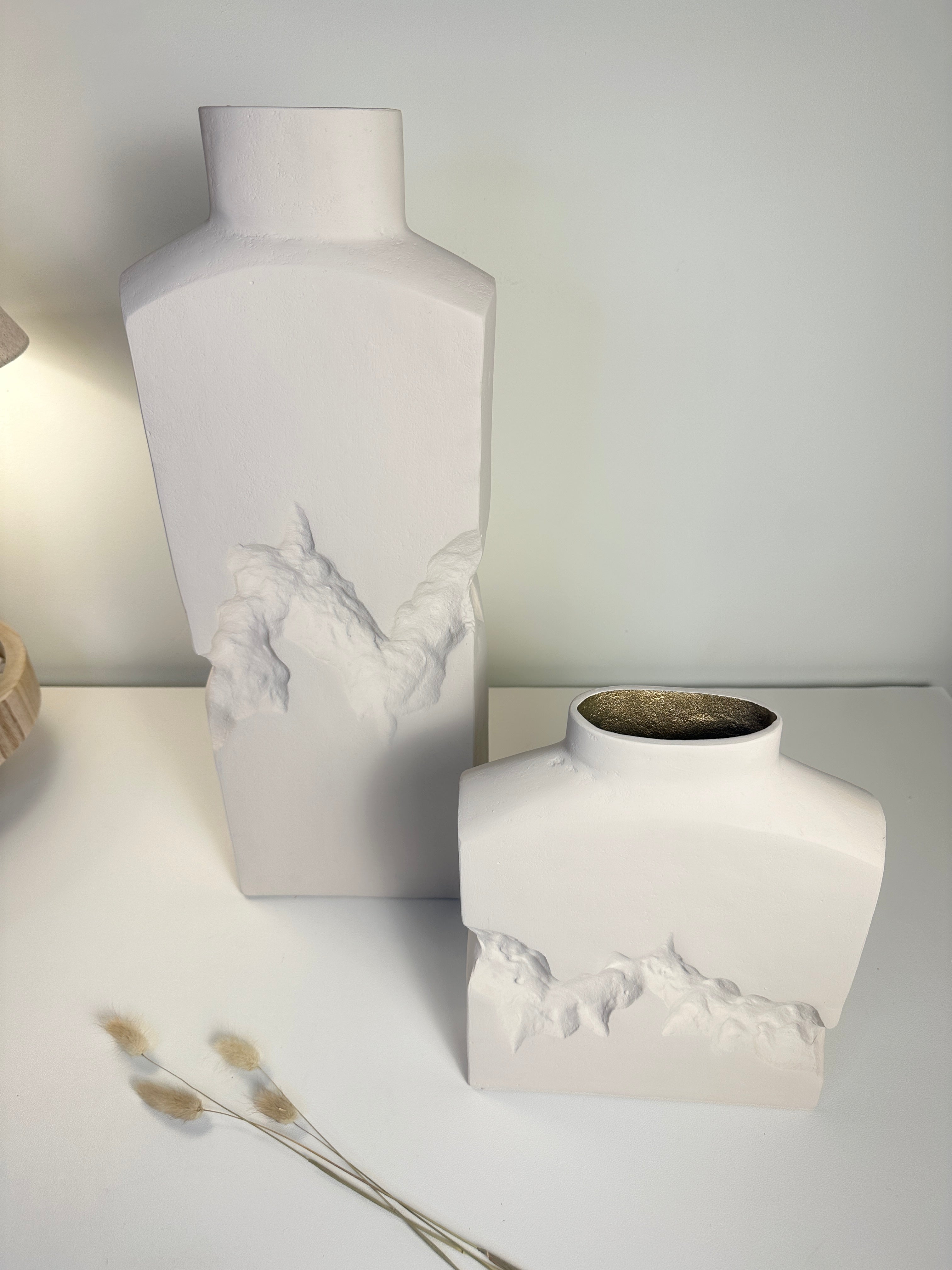 Sculptural Metal Ice Rock Style Vase Hand-Painted 20" tall -  White