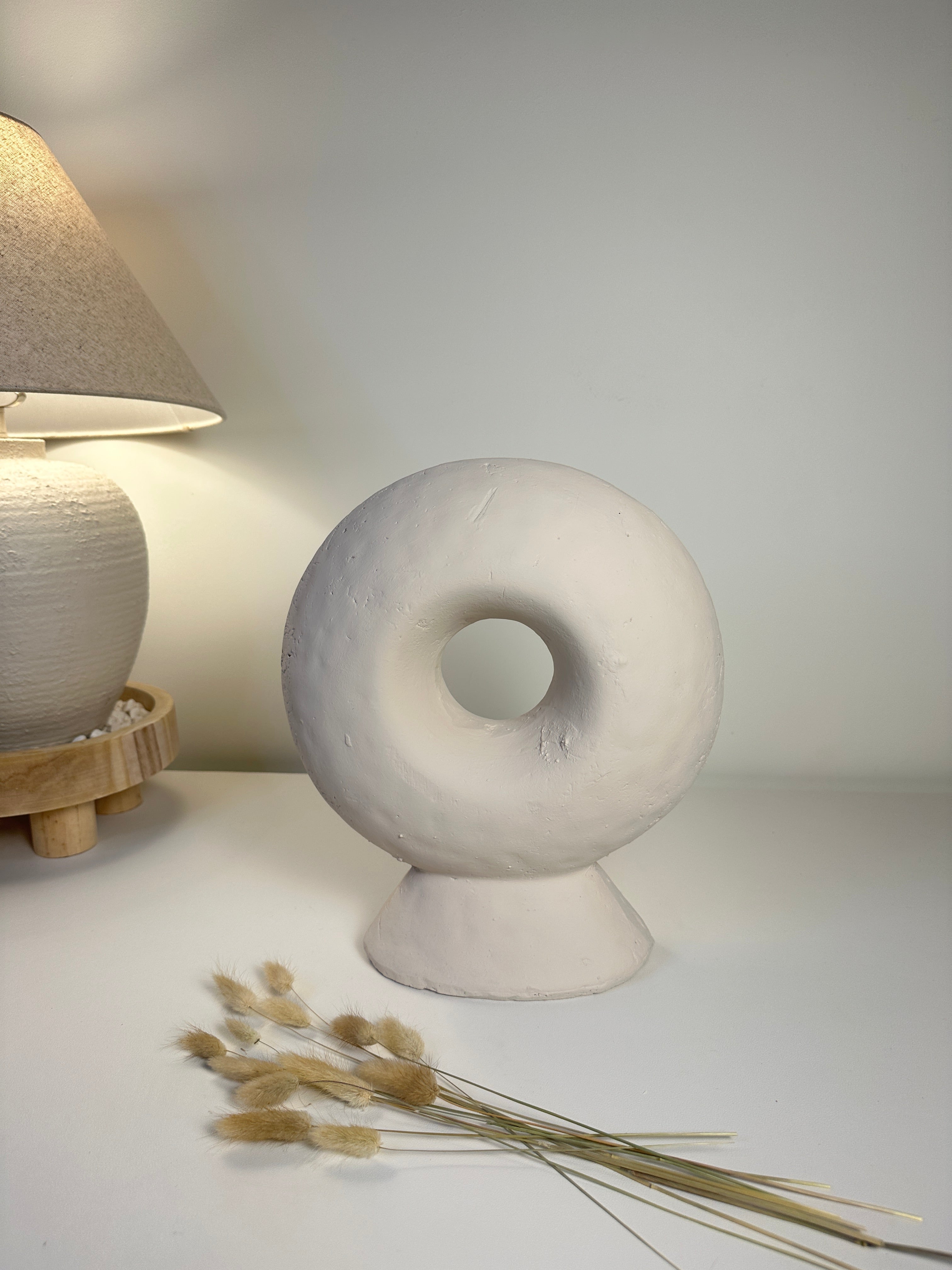 Minimalist Sculptural Stone Donut 13" - White