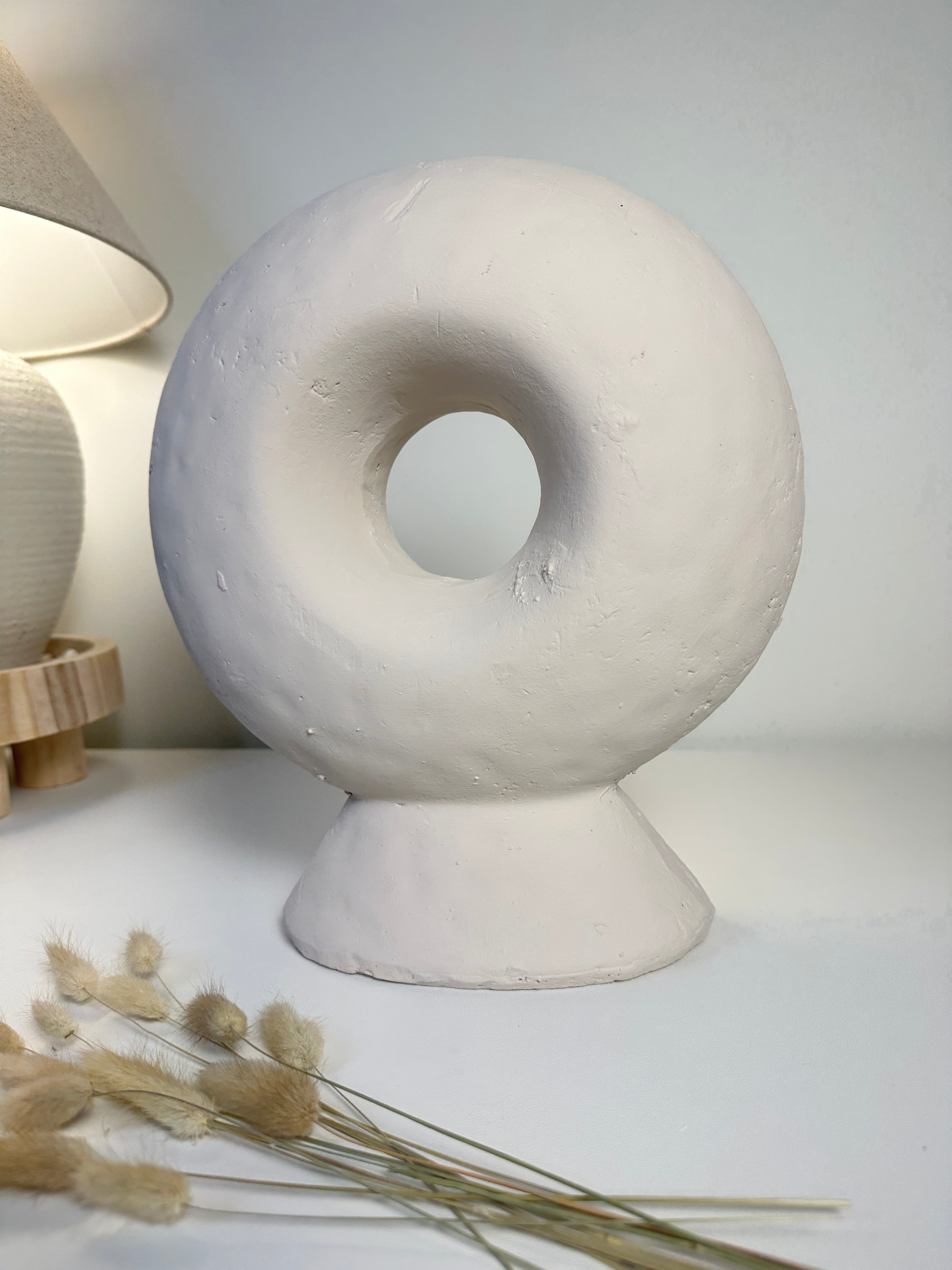 Minimalist Sculptural Stone Donut 13" - White