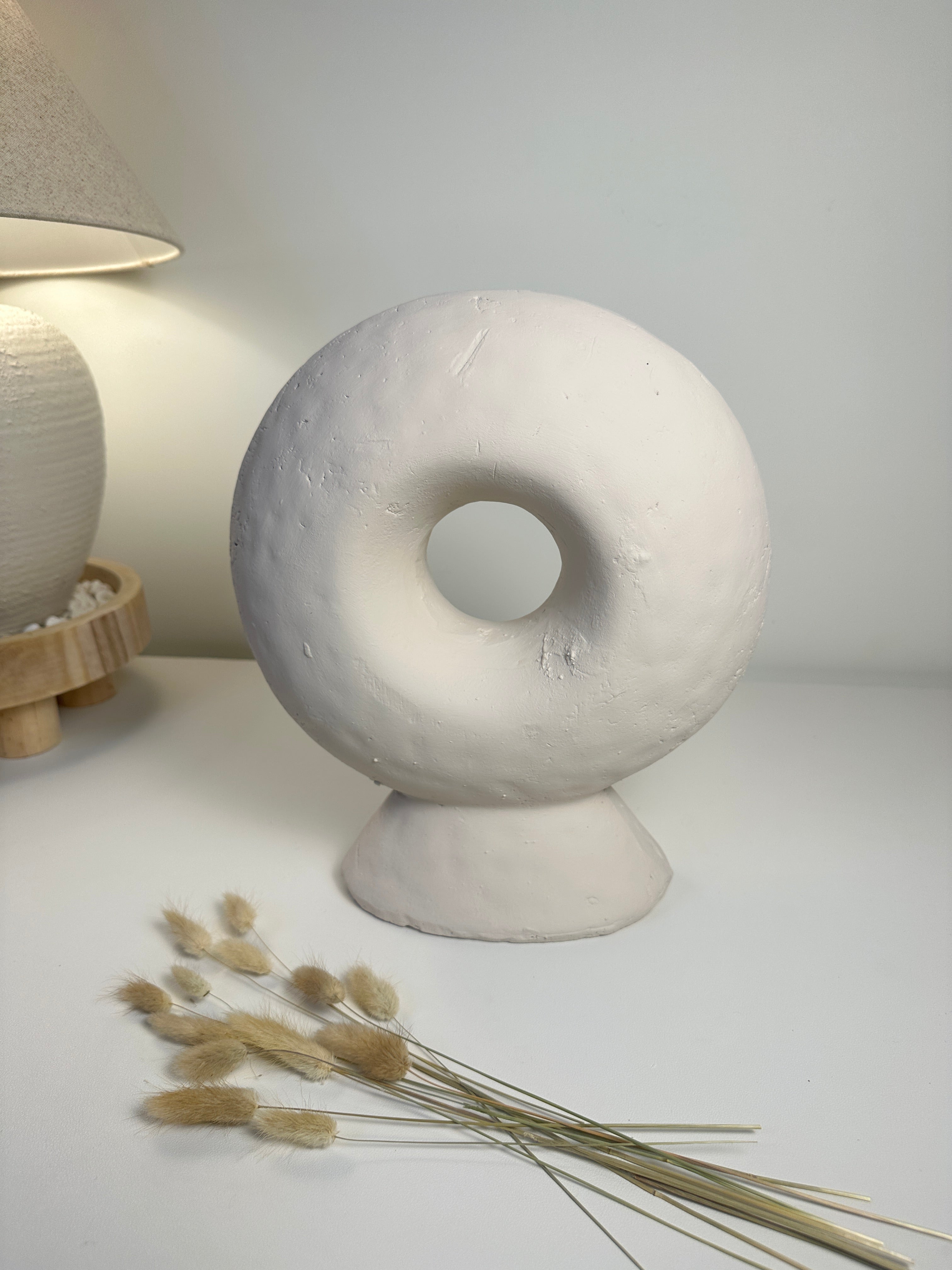 Minimalist Sculptural Stone Donut 13" - White