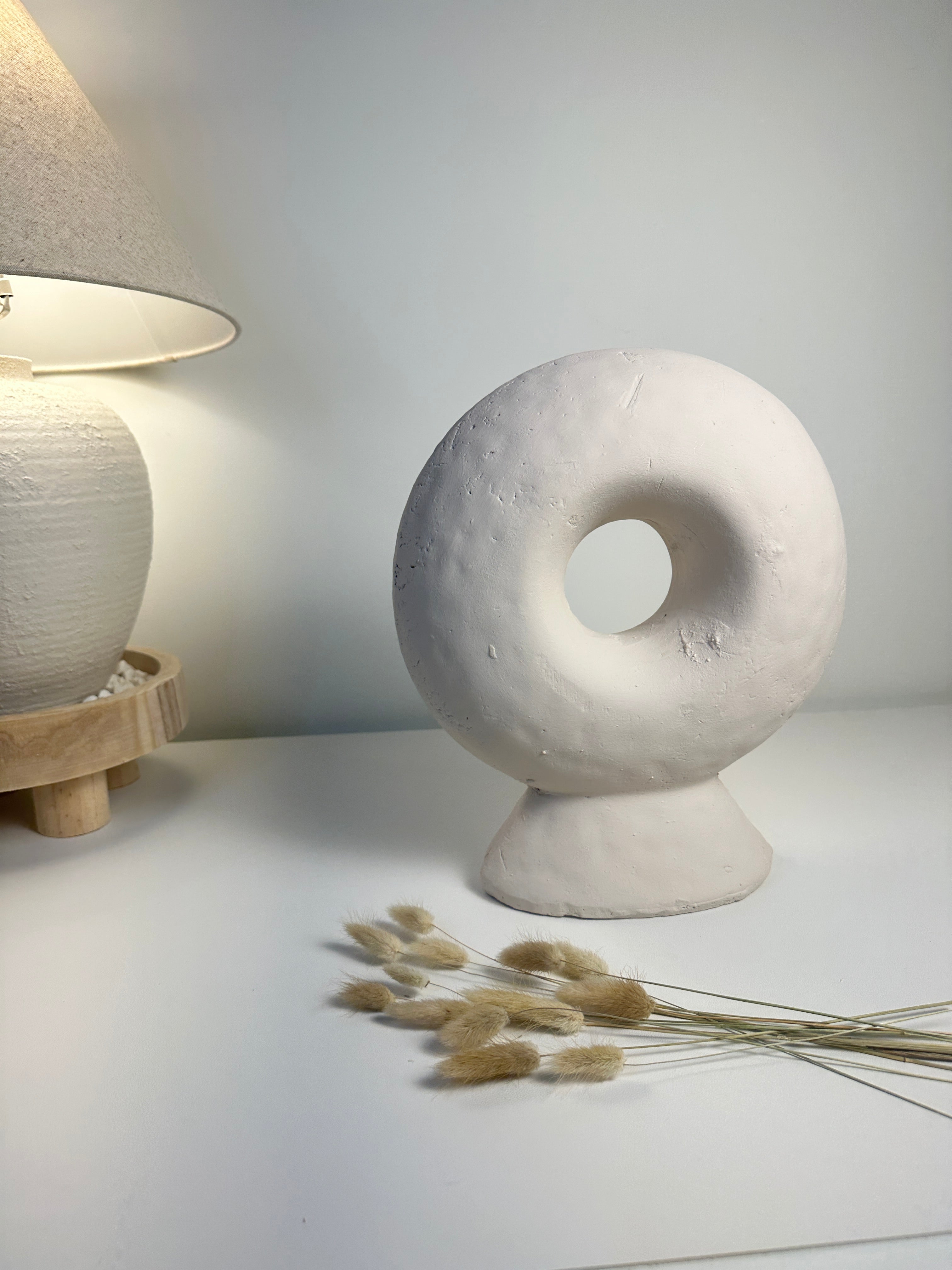 Minimalist Sculptural Stone Donut 13" - White