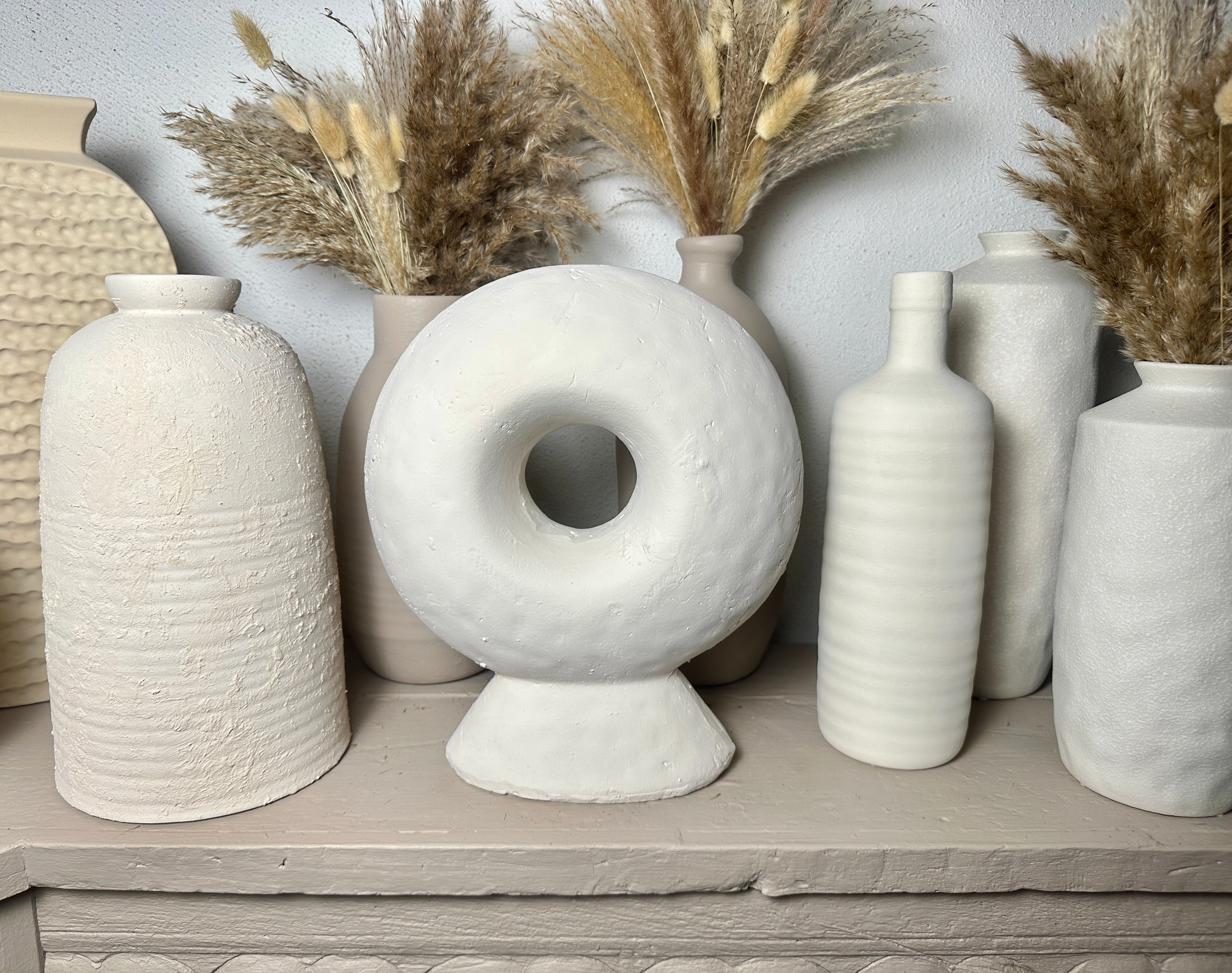 Minimalist Sculptural Stone Donut 13" - White