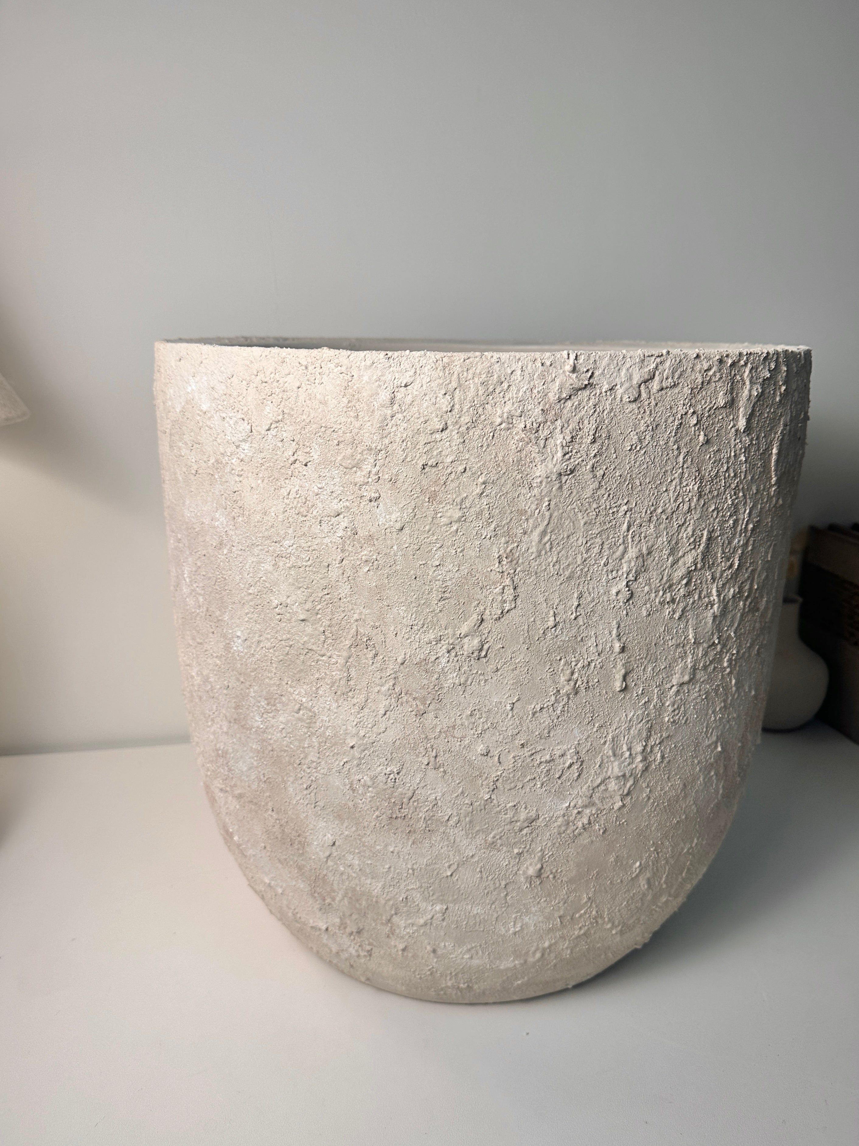 17" Tall Minimalist Hand-Painted & Textured Planter Pot with Drainage Hole one time creation - cream wash