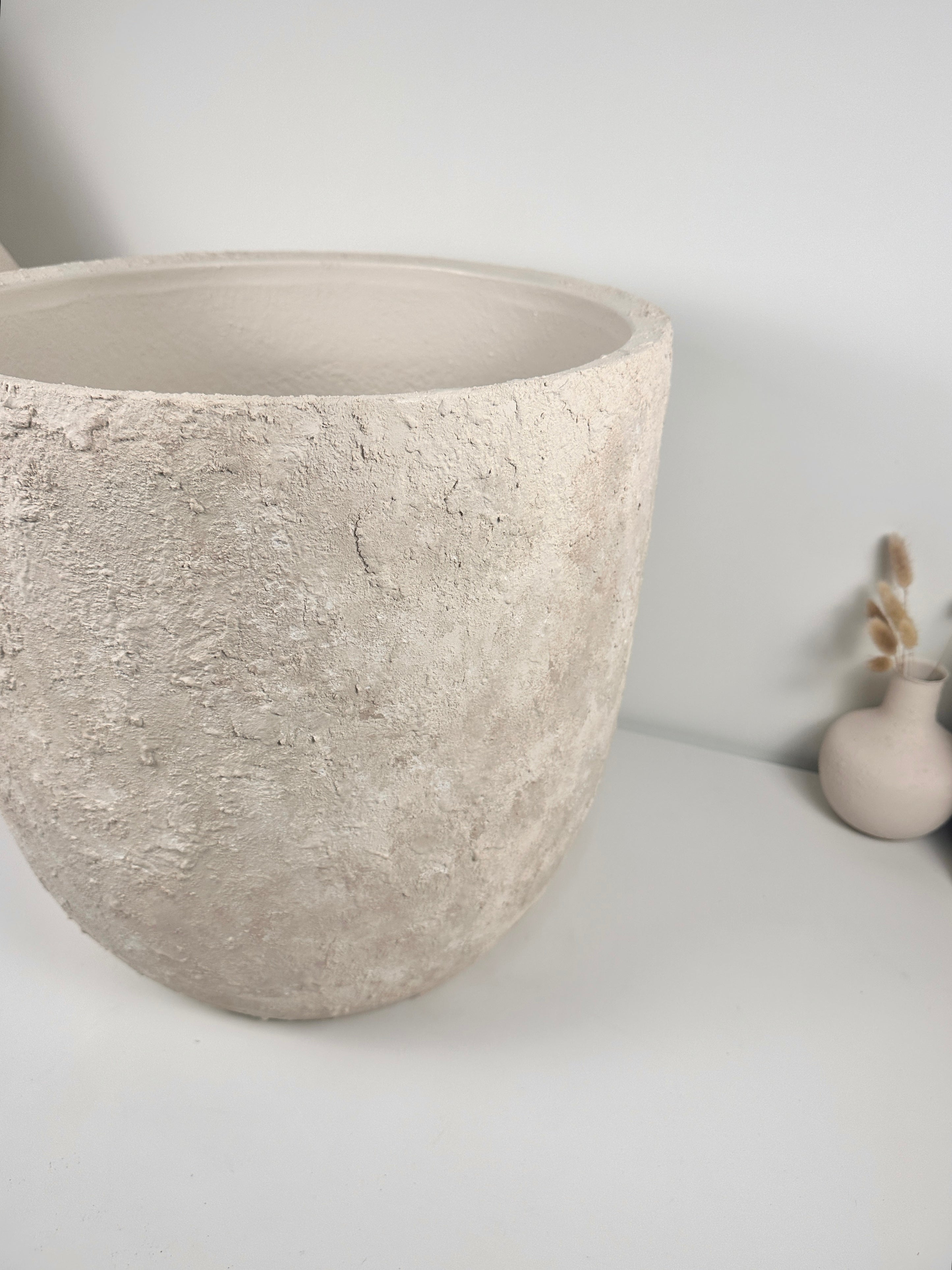 17" Tall Minimalist Hand-Painted & Textured Planter Pot with Drainage Hole one time creation - cream wash