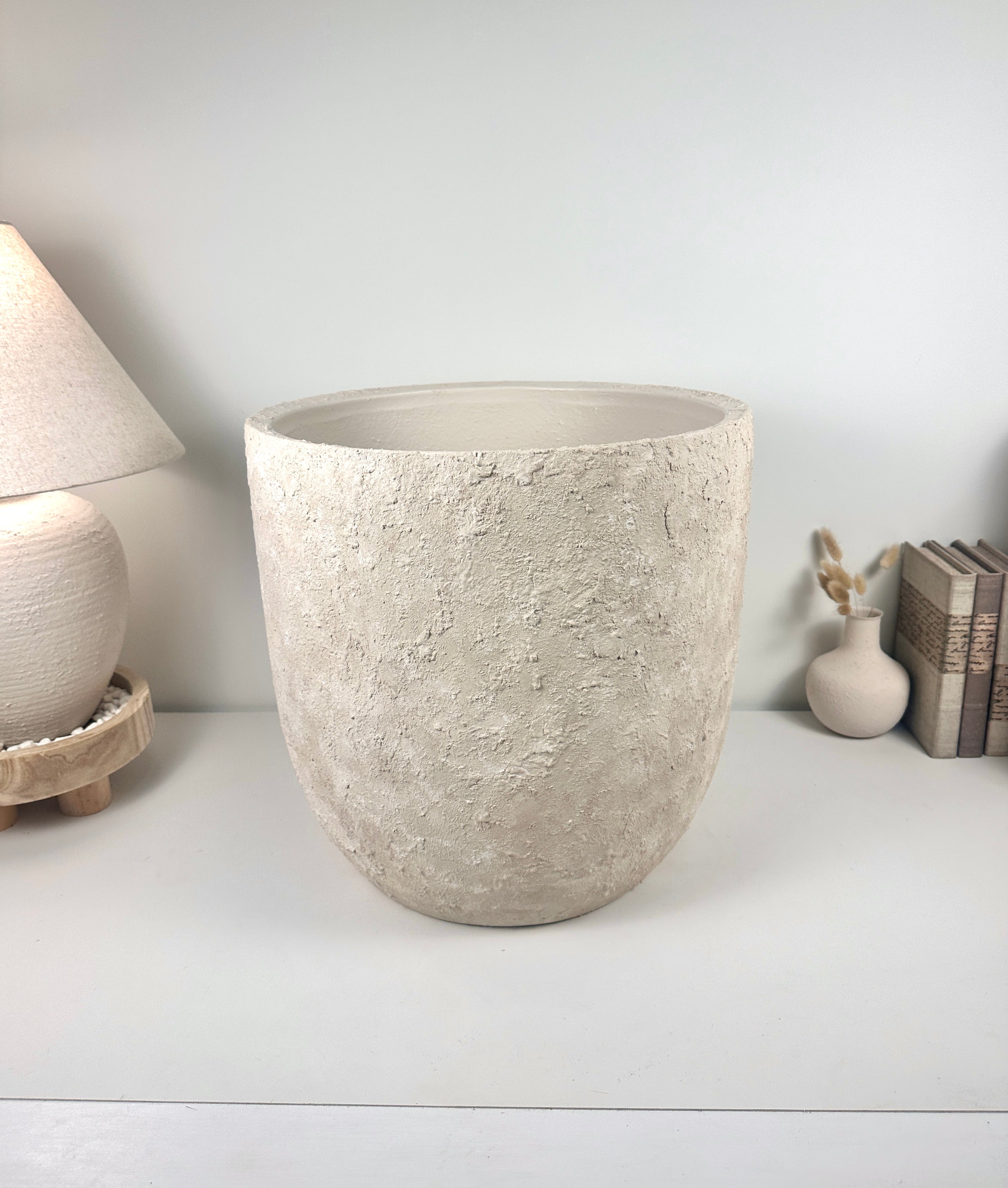 17" Tall Minimalist Hand-Painted & Textured Planter Pot with Drainage Hole one time creation - cream wash